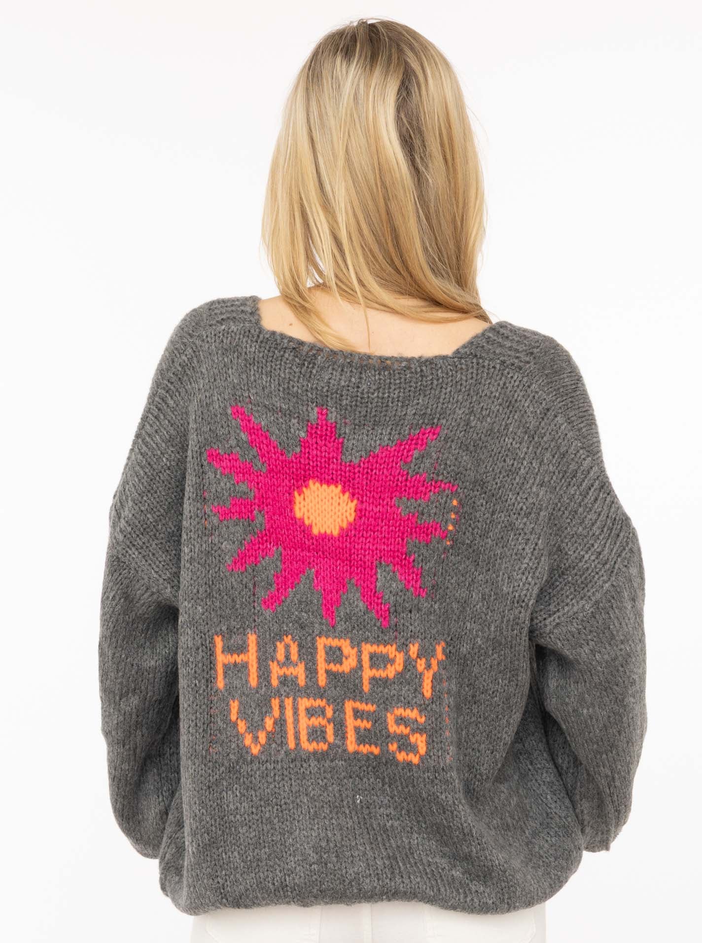 Zwillingsherz Cardigan »"Happy Vibes"« Knopfleiste, großes Motiv mit Blume und Schrift hinten, One Size