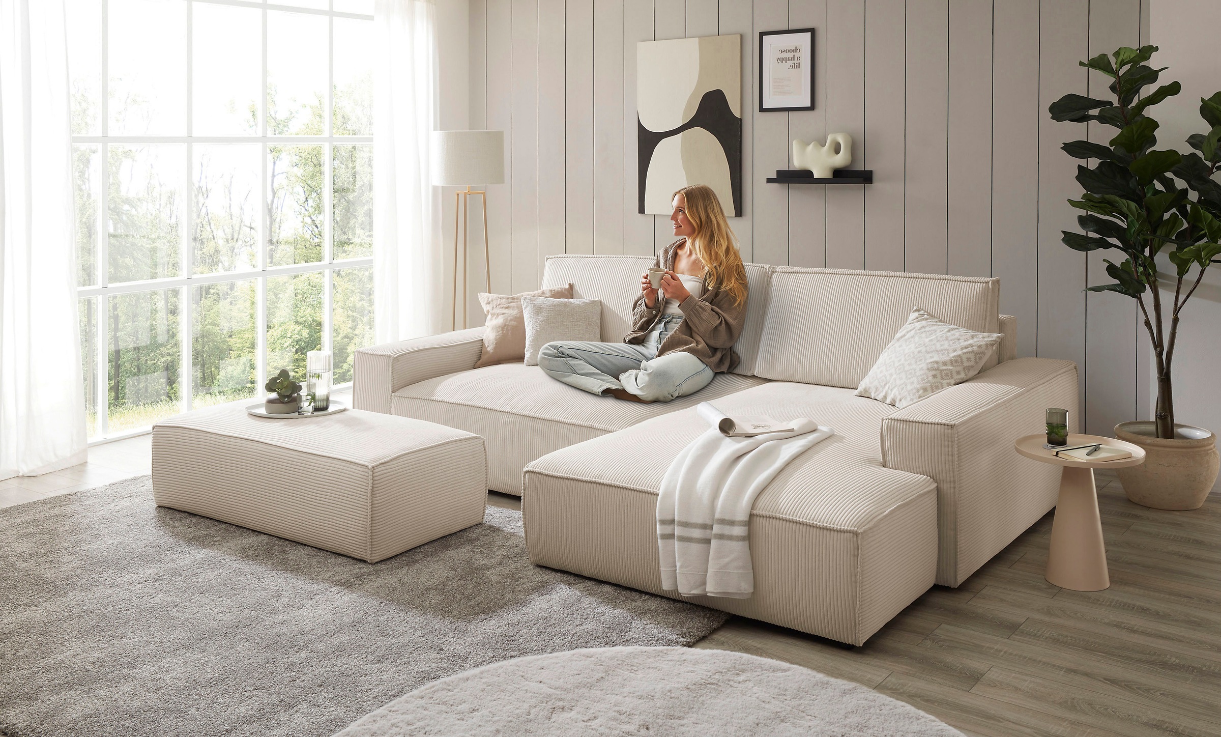 Home affaire Polsterecke »NEU: SHERWOOD XXL tief, L-Form mit Schlaffunktion, Big-Sofa mit Hocker«, (Set, 2 St.), stellbar zum Schlafsofa (Krokodilverbinder), Cord, Leinenoptik