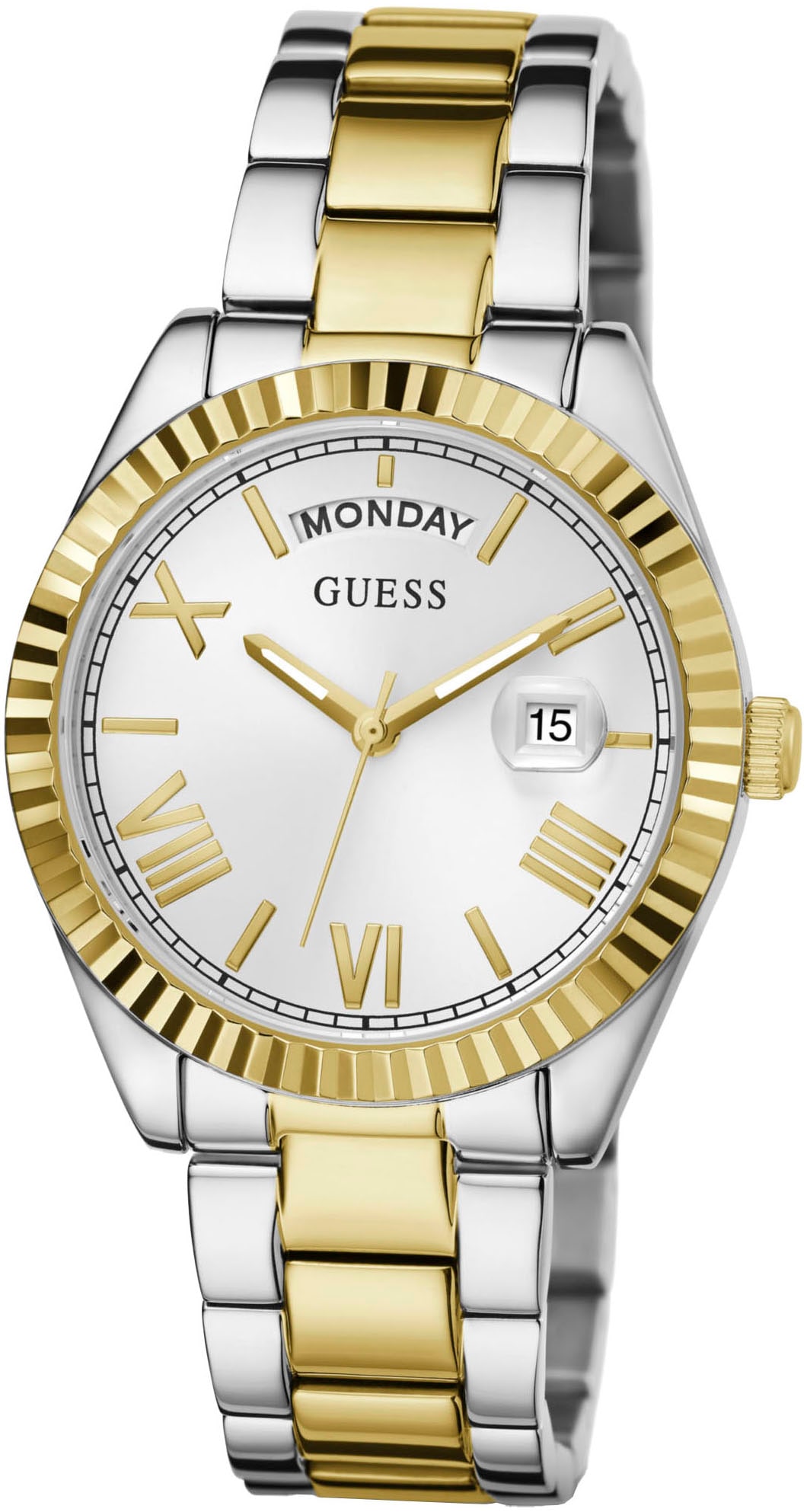 Guess Quarzuhr »LUNA«, Armbanduhr, Damenuhr, Datum, Edelstahlarmband, Mineralglas, analog