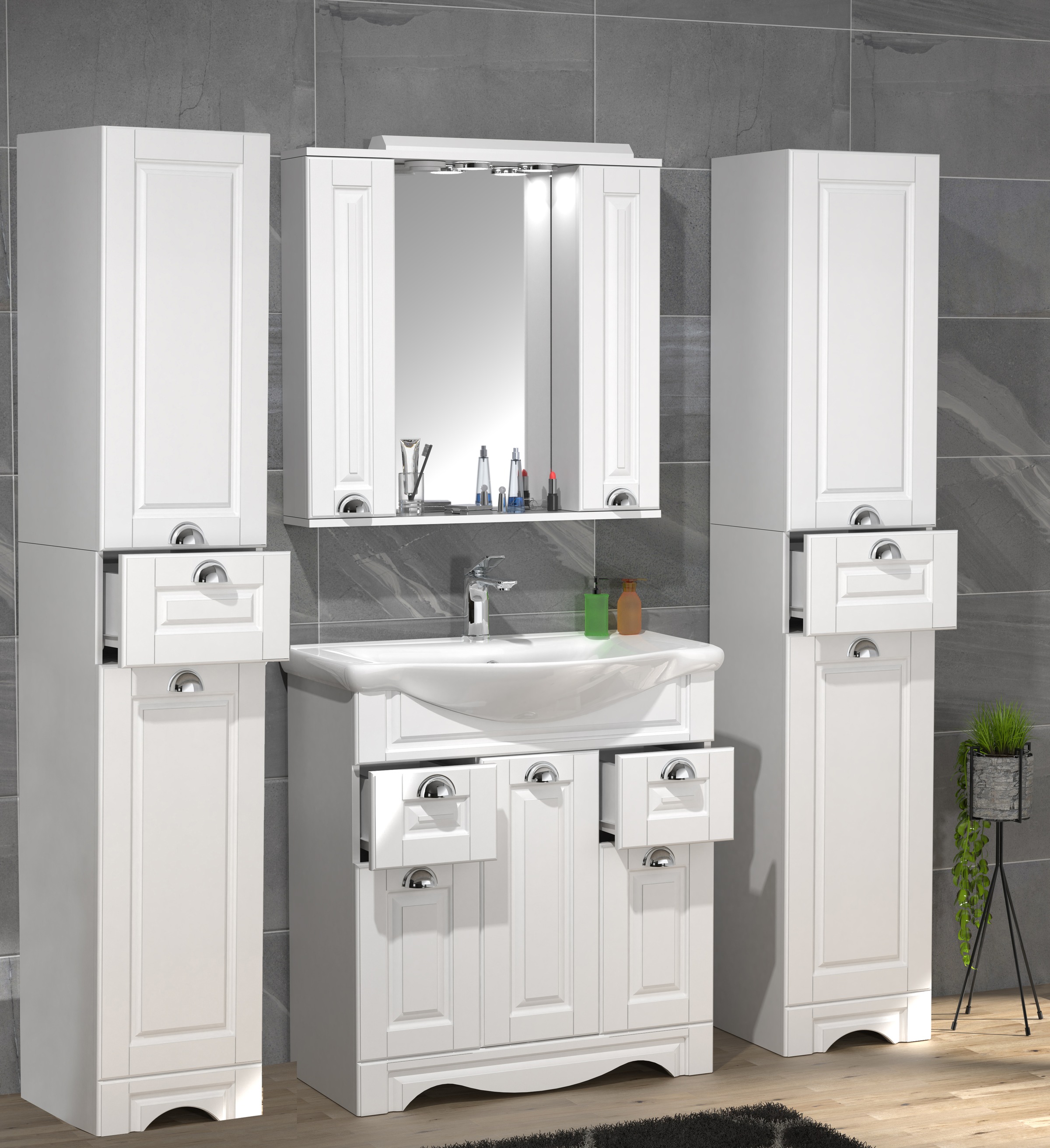 VCM Waschbeckenunterschrank »VCM 5-tlg. Waschplatz Waschtisch Breite 75 cm Badmöbel Set Waschbecken Spiegelschrank Hochschrank Landhaus Schublade Casalo XL«, (5 St.)