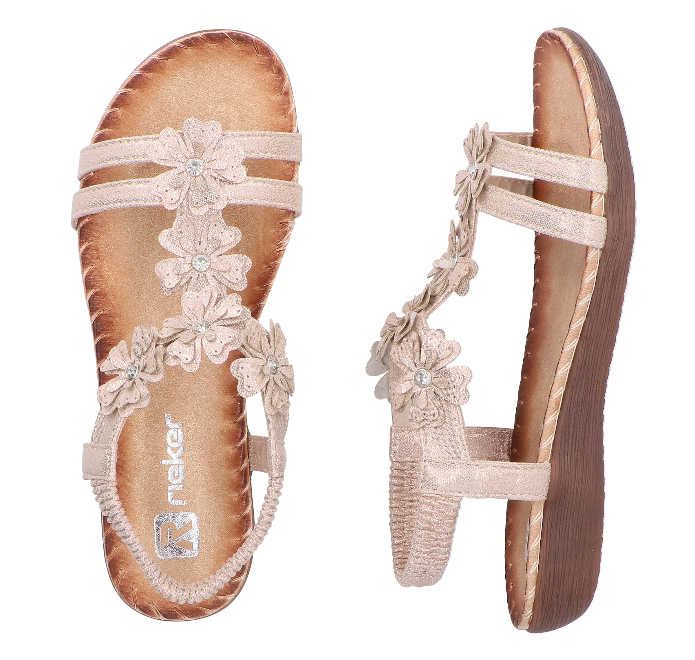Rieker Sandale  Sommerschuh, Urlaubsschuh mit Blütenverzierung und Glitzersteine