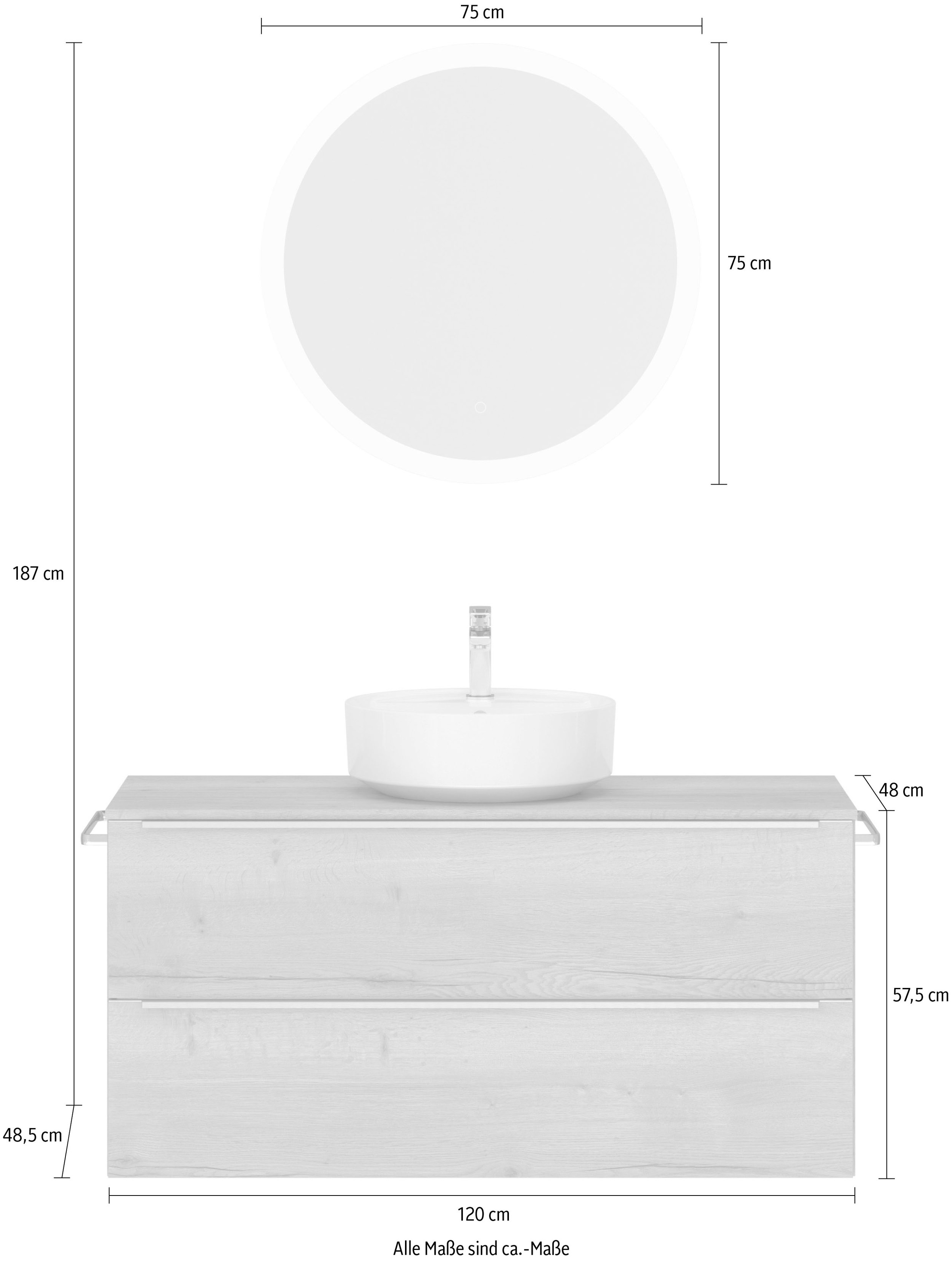 nobilia® Badmöbel-Set »Alvene«, (2 St., vormontiert, mit Soft-Close), Hochglanz, inkl. Spiegel mit Touch-Sensor, in vier Breiten