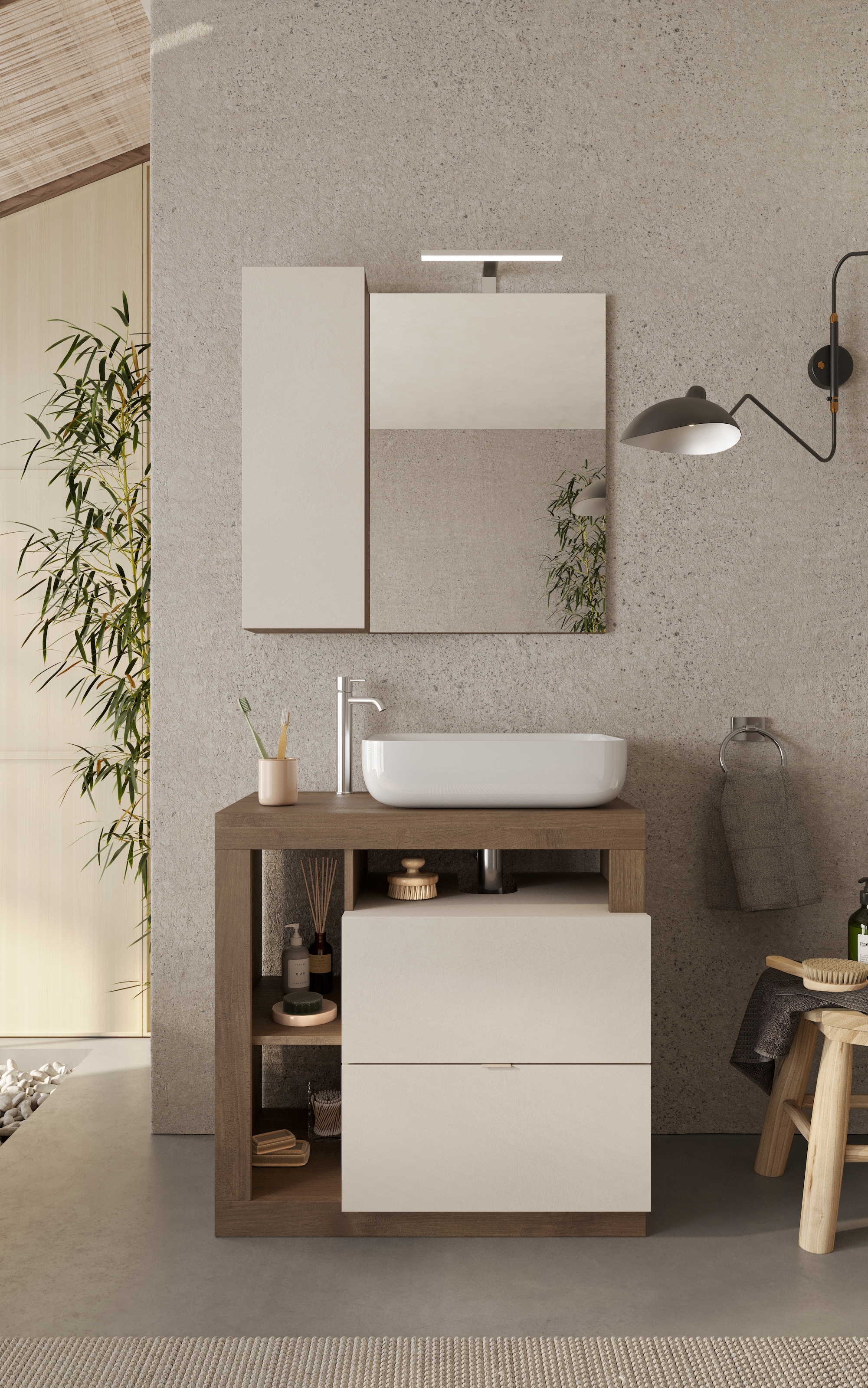 welltime Badmöbel-Set »Hamburg, Badezimmerset 2tlg. Breite 79 cm, Badmöbel, Waschtisch inkl.«, (Spar-Set, 2 St.), Waschbecken, Spiegelschrank mit LED Aufbauleuchte, Soft-Close-Funktion