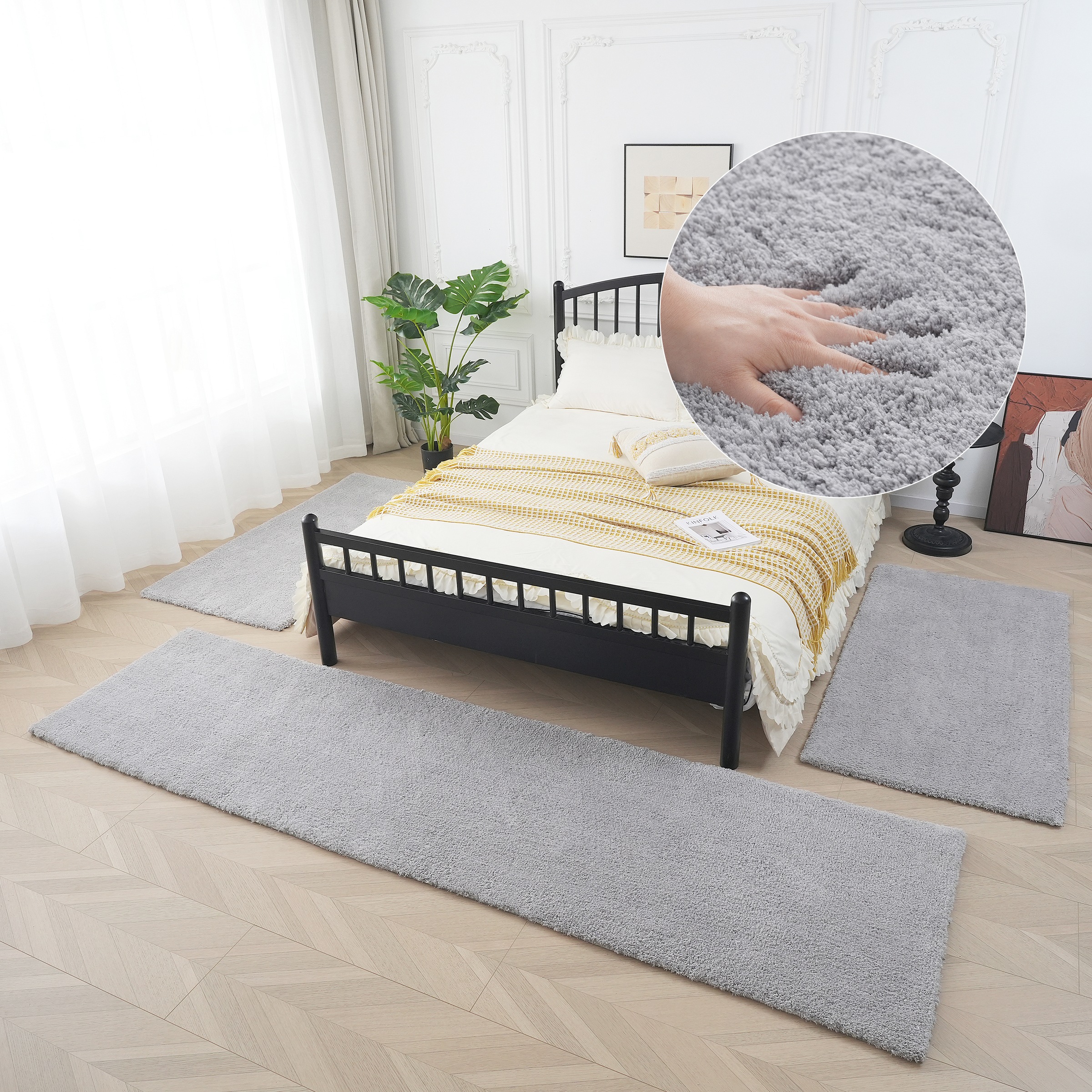my home Hochflor-Bettumrandung »Microfaser Teppich Magong, besonders weich, sehr feiner Flor«, (3 tlg.), uni, einfarbiger Bettvorleger, Läufer-Set, Schlafzimmer, Kinderzimmer