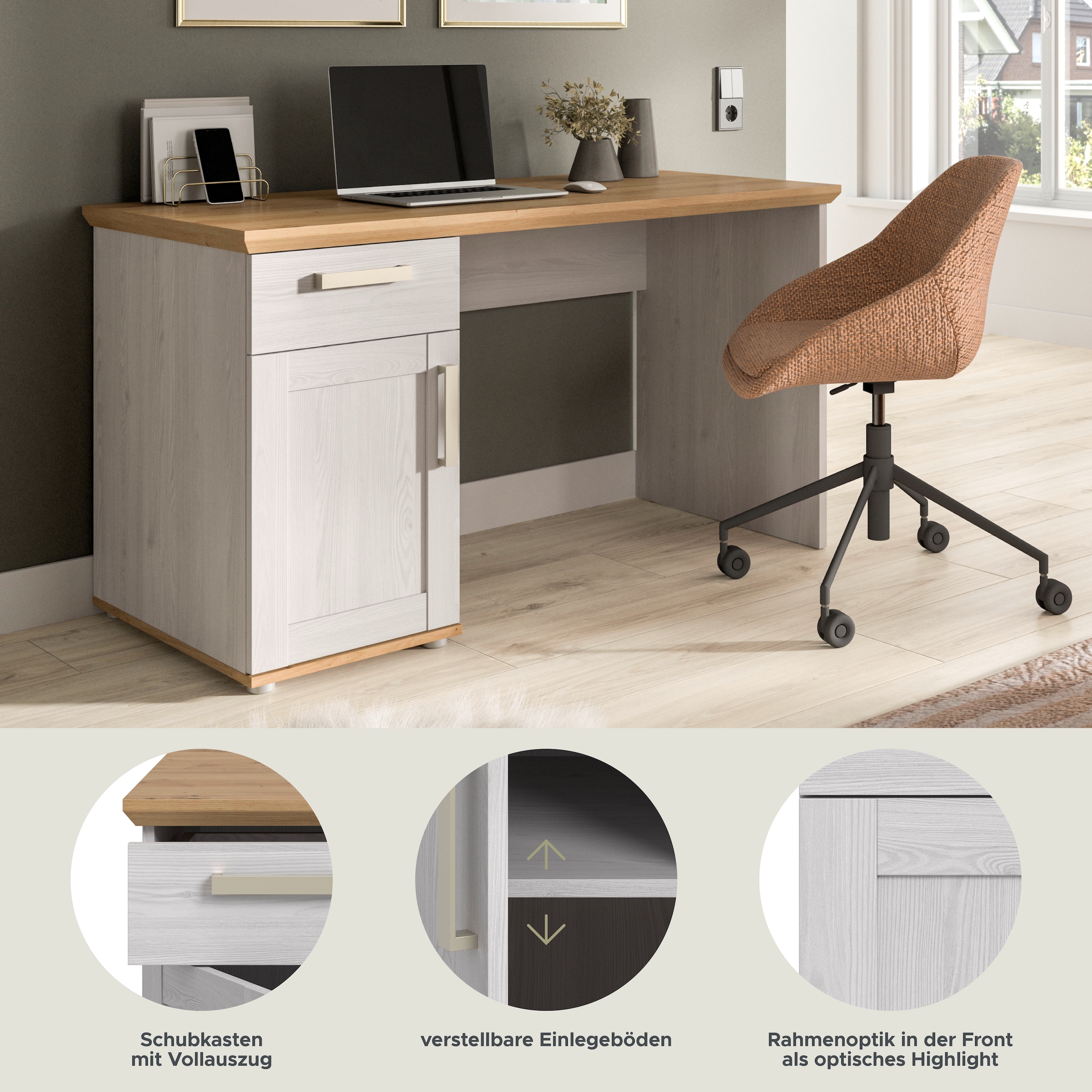 Home affaire Schreibtisch »COSENZA, Breite 134 cm, 1 Tür, 1 Schubkasten, 2 Fächer« in Landhausoptik, mit weiteren Artikel der Serie kombinierbar,  Bürotisch, Computertisch, Laptoptisch, Home-Office