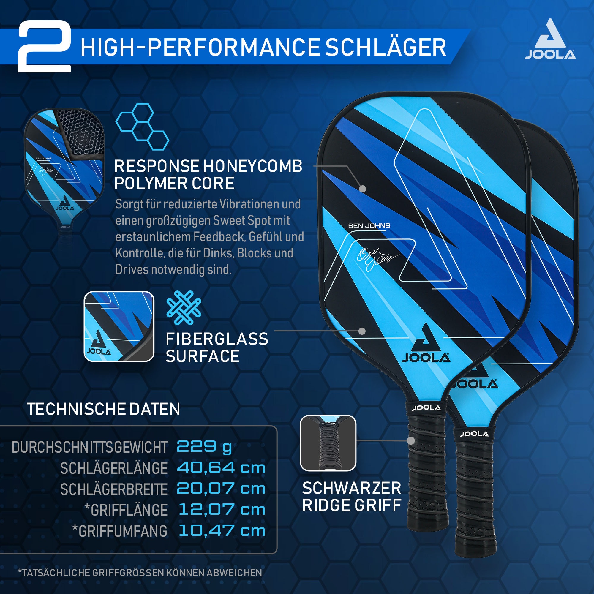 Joola Pickleballschläger »Ben Johns Blue Lightning Pickleball Set« Inklusive 2 Schläger, 4 Bällen und Tasche, ideal für Freizeitspieler