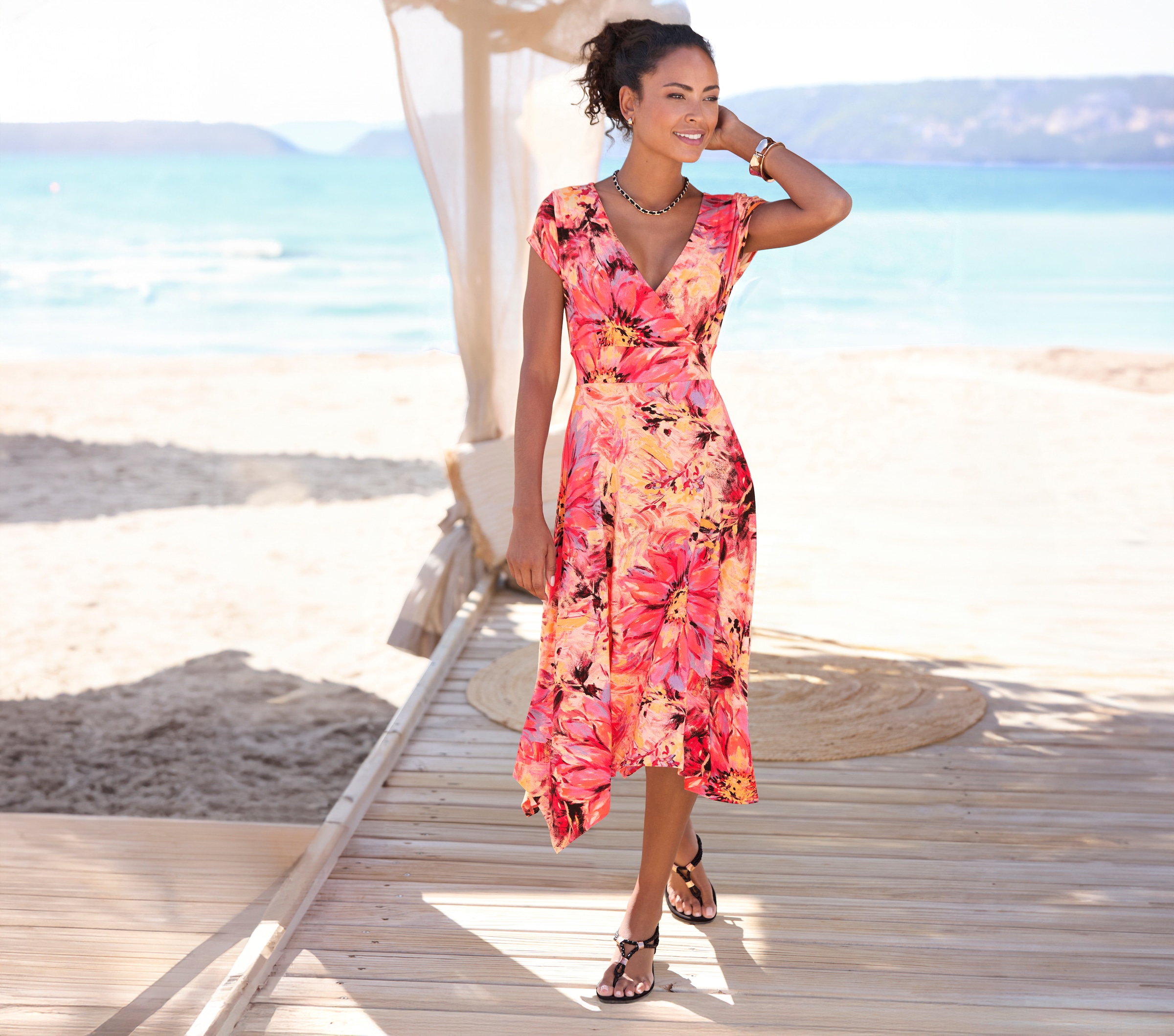 Beachtime Sommerkleid, mit Zipfelsaum und Schleife, Jerseykleid, asymmetris günstig online kaufen
