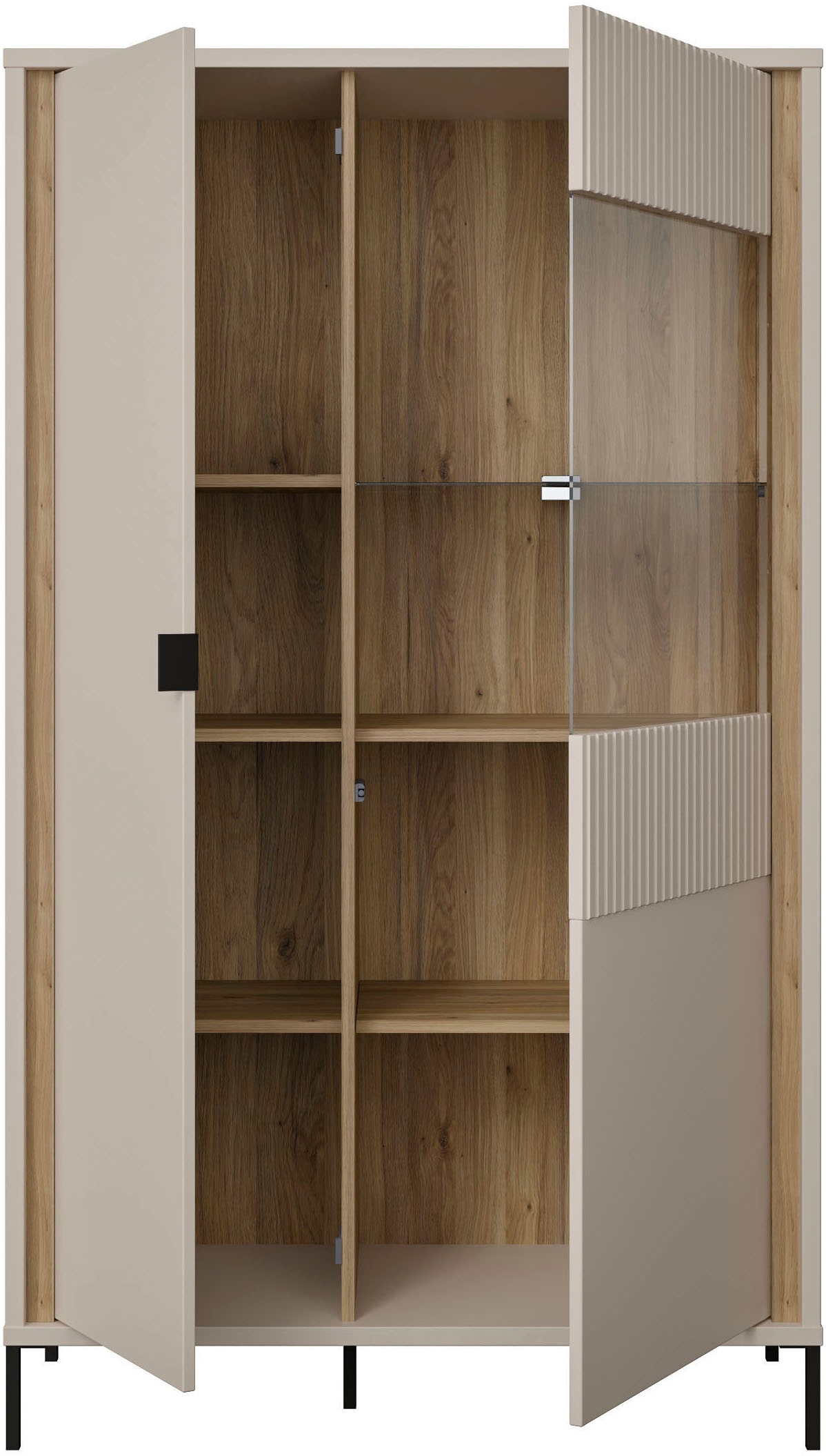 FORTE Highboard »Forte Seravel Highboard, Kashmir Beige/Mauvella Eiche opt. Beleuchtung« B/H/T 94,1/160,8/41,5 viel Stauraum, Lamellenoptik