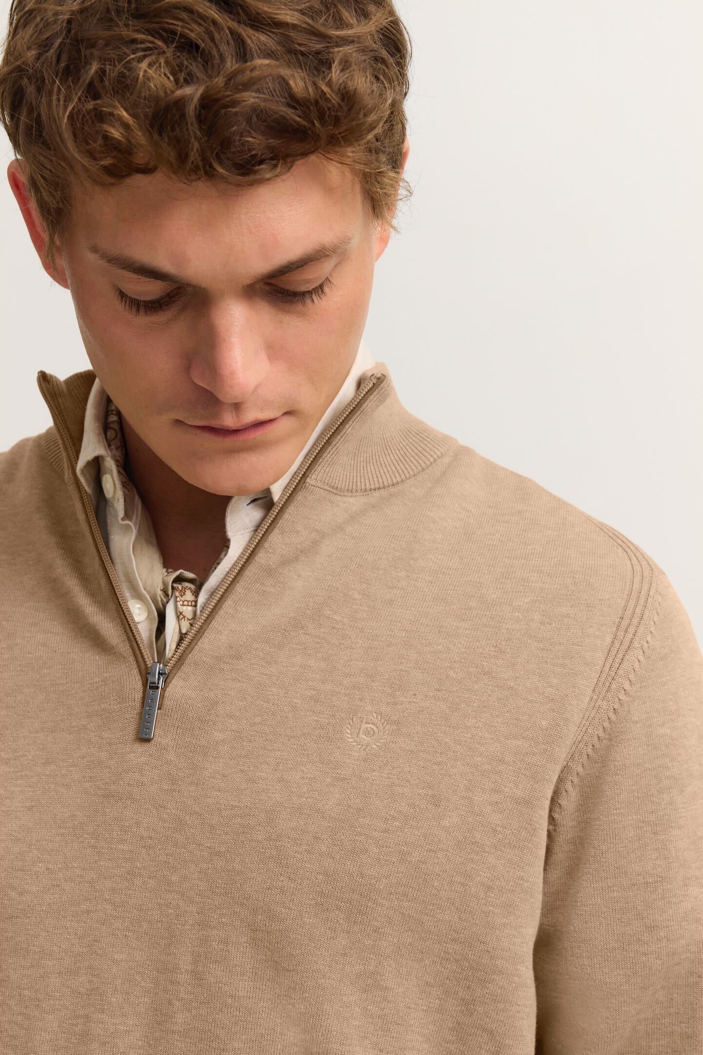 Troyer BUGATTI "Regular Fit", Herren, Gr. L, 40, beige, Sweatware, 100% Baumwolle, unifarben, regular fit, ohne Ausschnitt, Pullover Troyer, aus Baumwolle mit Stehkragen 3