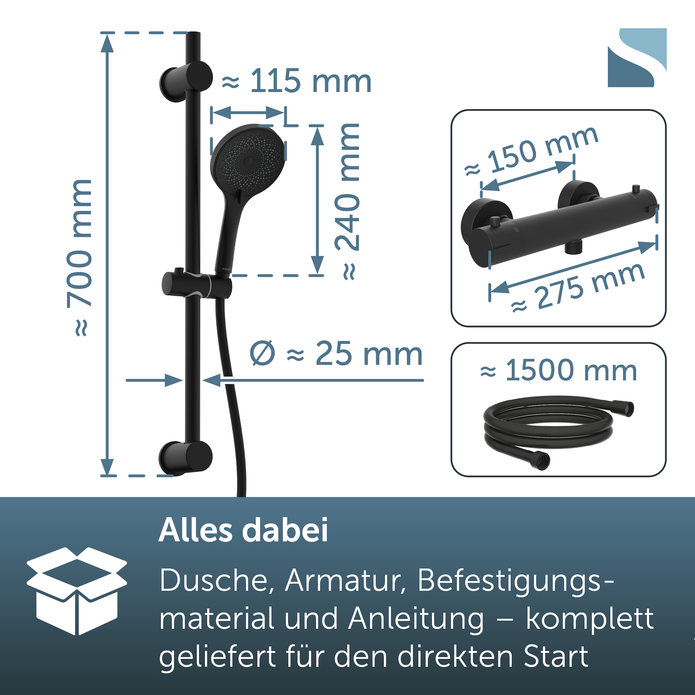 Schütte Duschsystem »BLACK« Überkopfbrauseset mit Thermostat, höhenverstellbar