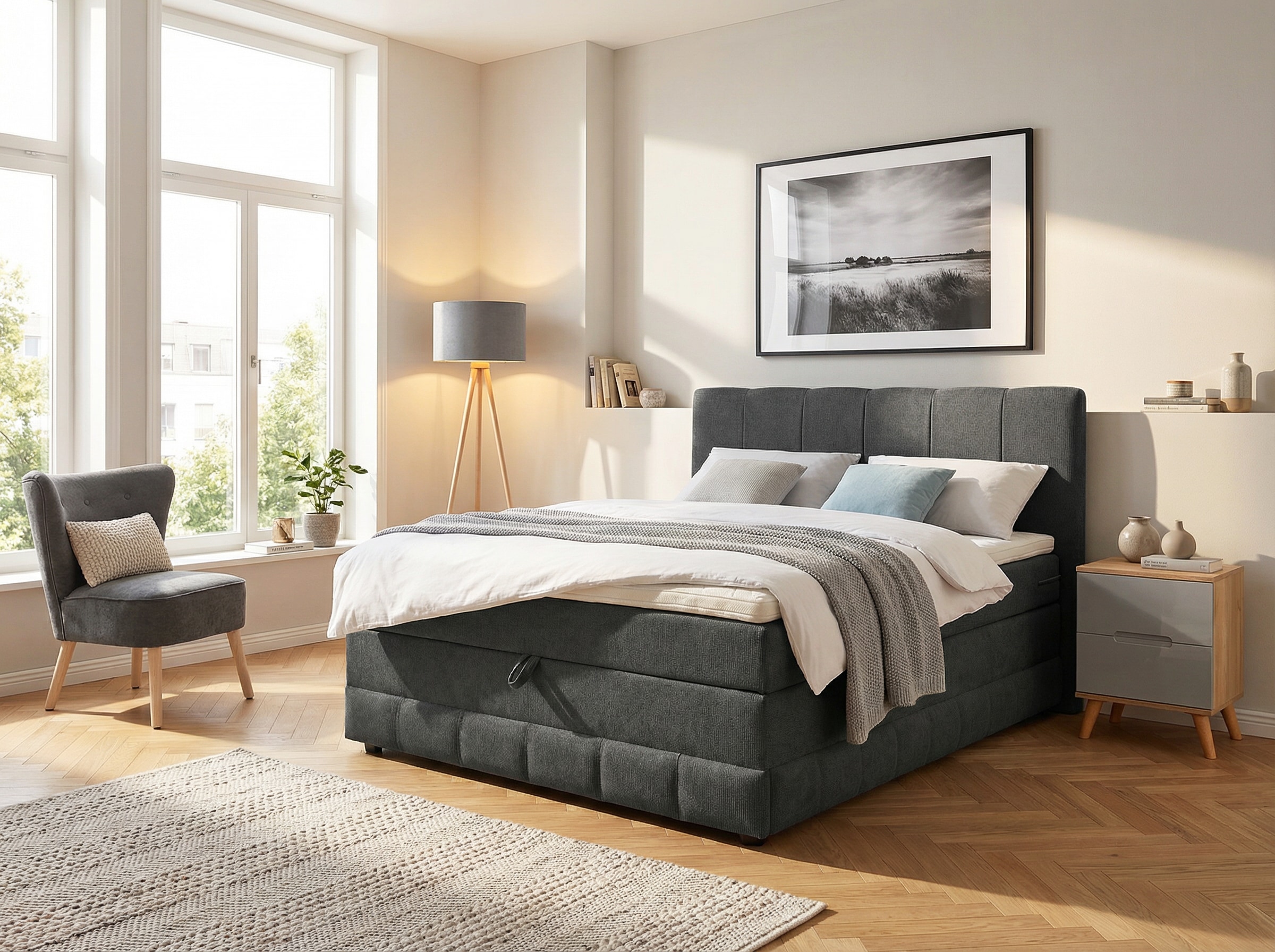 OTTO home Boxbett "LIKELY, Polsterbett mit Bettkasten, inkl. Taschenfederkernmatratze H3" mit Kaltschaumtopper, Strukturstoff-Bezug, 140x200 & 180x200 cm