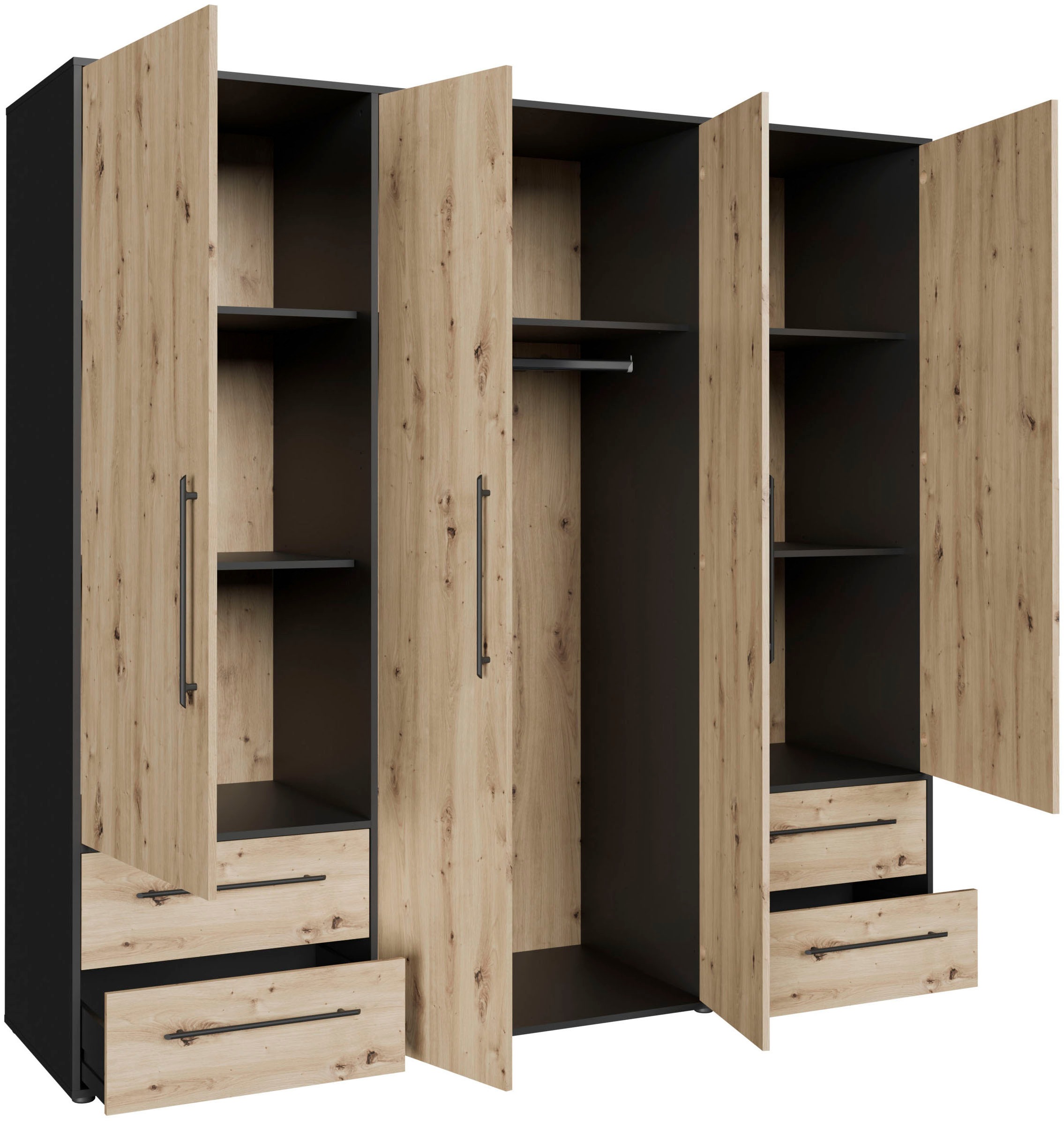 FORTE Kleiderschrank »Mokkaris , Garderobe, zeitloses Design, 4 Türen, Made in Europe« B/H/T ca. 206x200x59cm,  4 Schubladen + schwarze Stangengriffe, Made in Europe, viel Stauraum