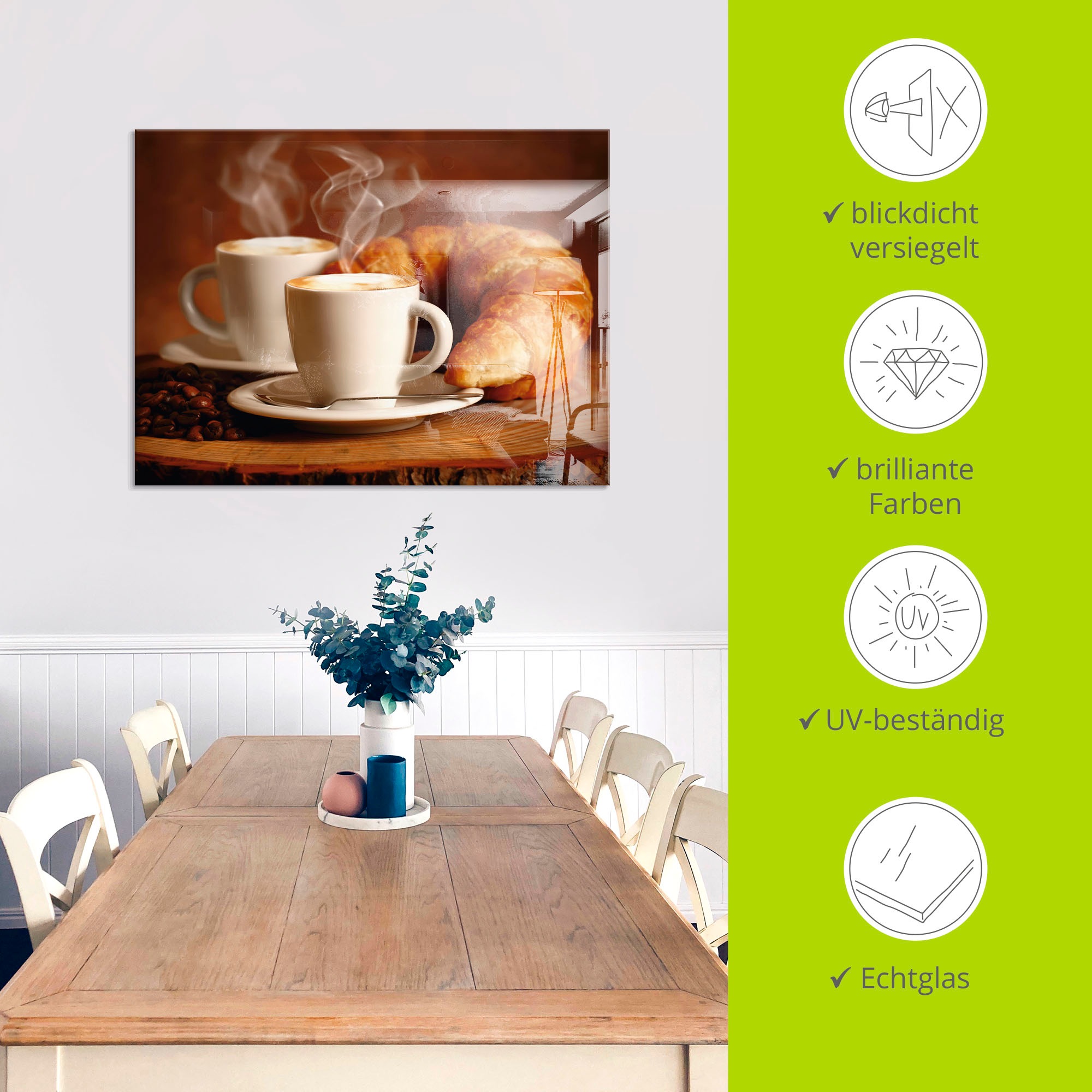 Artland Glasbild »Dampfender Cappuccino und Croissant«, Getränke, (1 St.), in verschiedenen Größen
