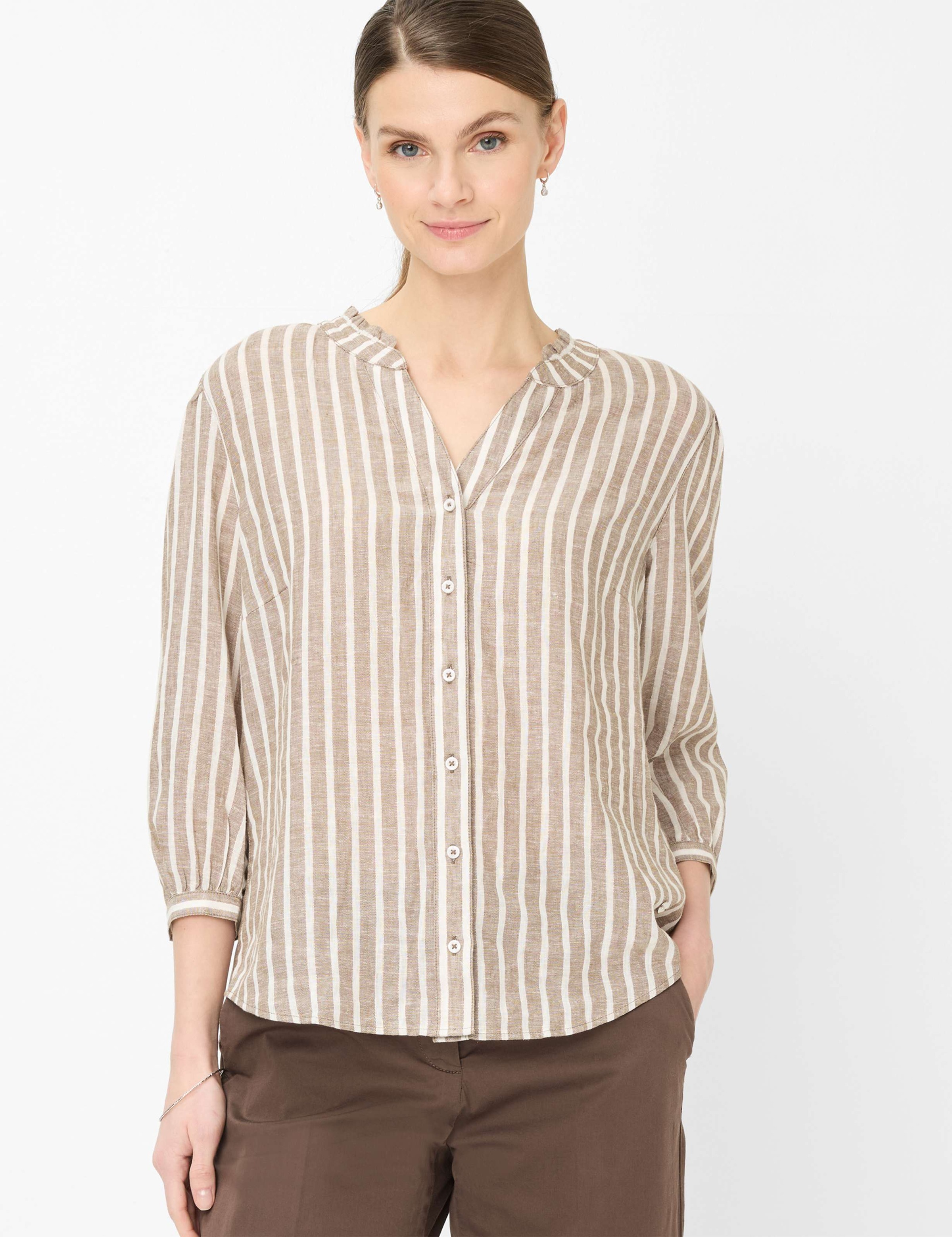 Klassische Bluse BRAX "Style VIOLET", Damen, Gr. 42, hellbraun, Web, 55% Leinen, 44% Viskose, 1% Metallfaser, Blusen Bluse