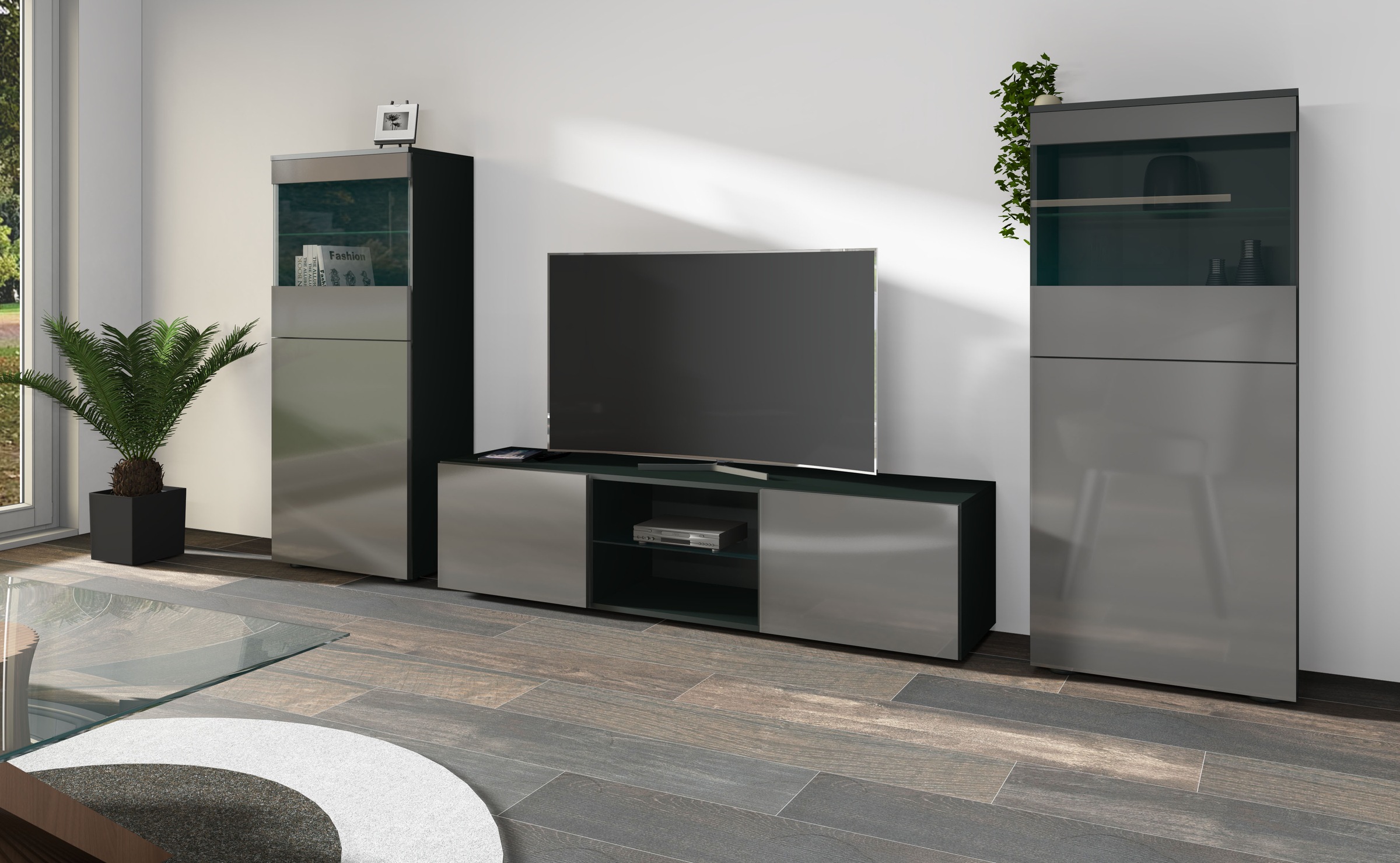 Wohnwand BORCHARDT MÖBELschwarz matt, graphit hochglanz, Wohnzimmer, Kastenmöbel-Sets, "Scala, Mediawand 3-teilig mit 2 Vitrinen und Lowboard", Mit
