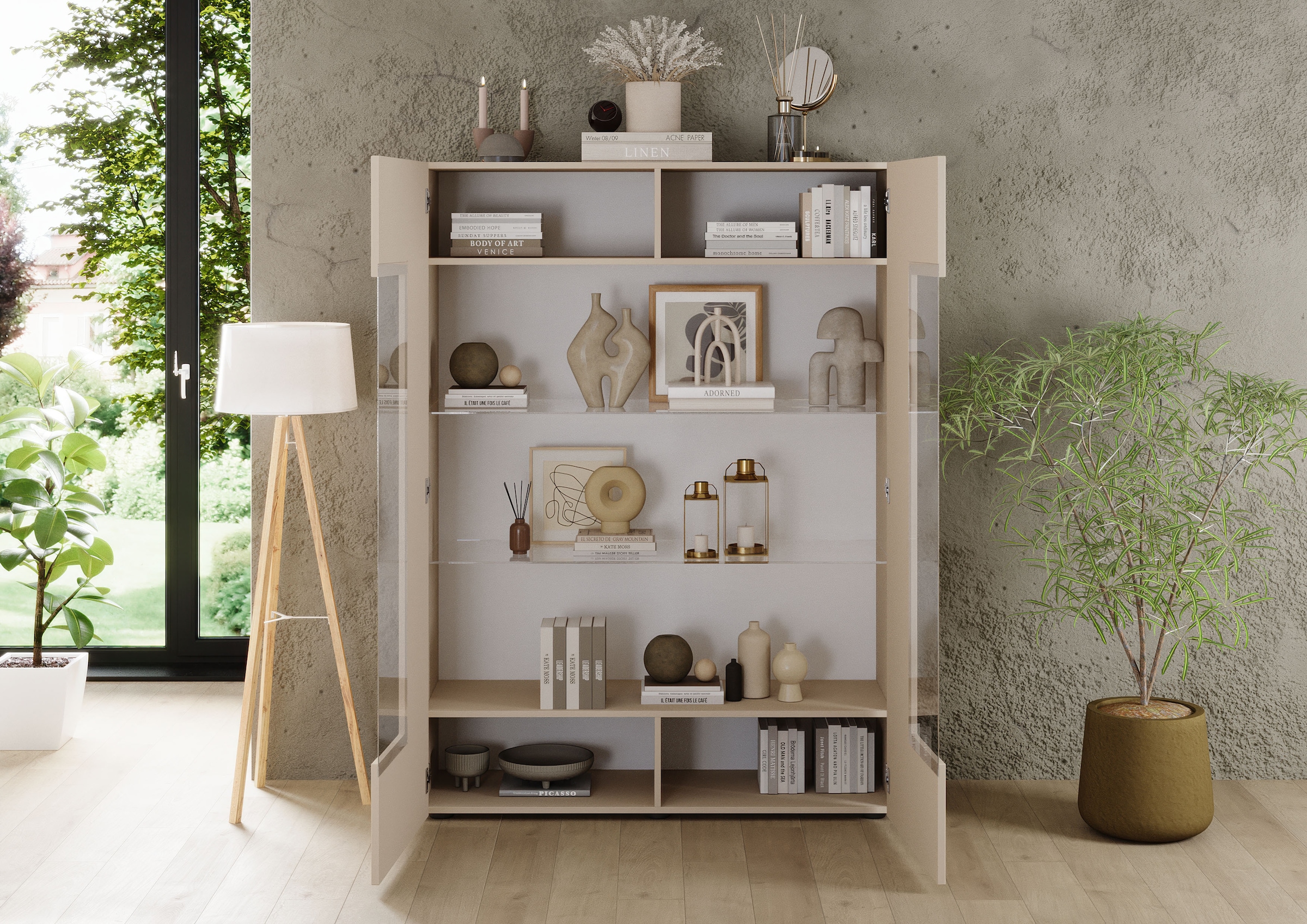 INOSIGN Vitrine »RIO, Höhe 166 cm, Hochschrank mit 2 Türen, Anrichte, Standvitrine«, geriffelte Front, modern u. elegant, viel Stauraum