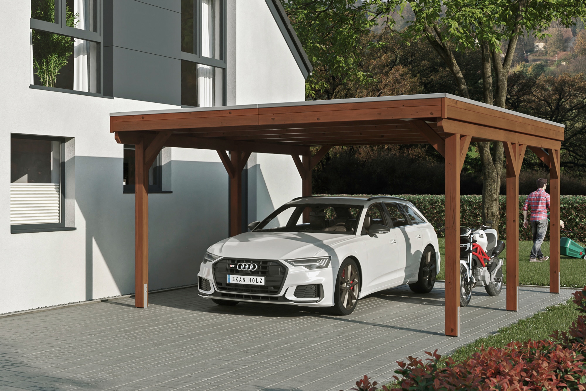 Skanholz Einzelcarport "Grunewald" Leimholz braun mit EPDM-Dach