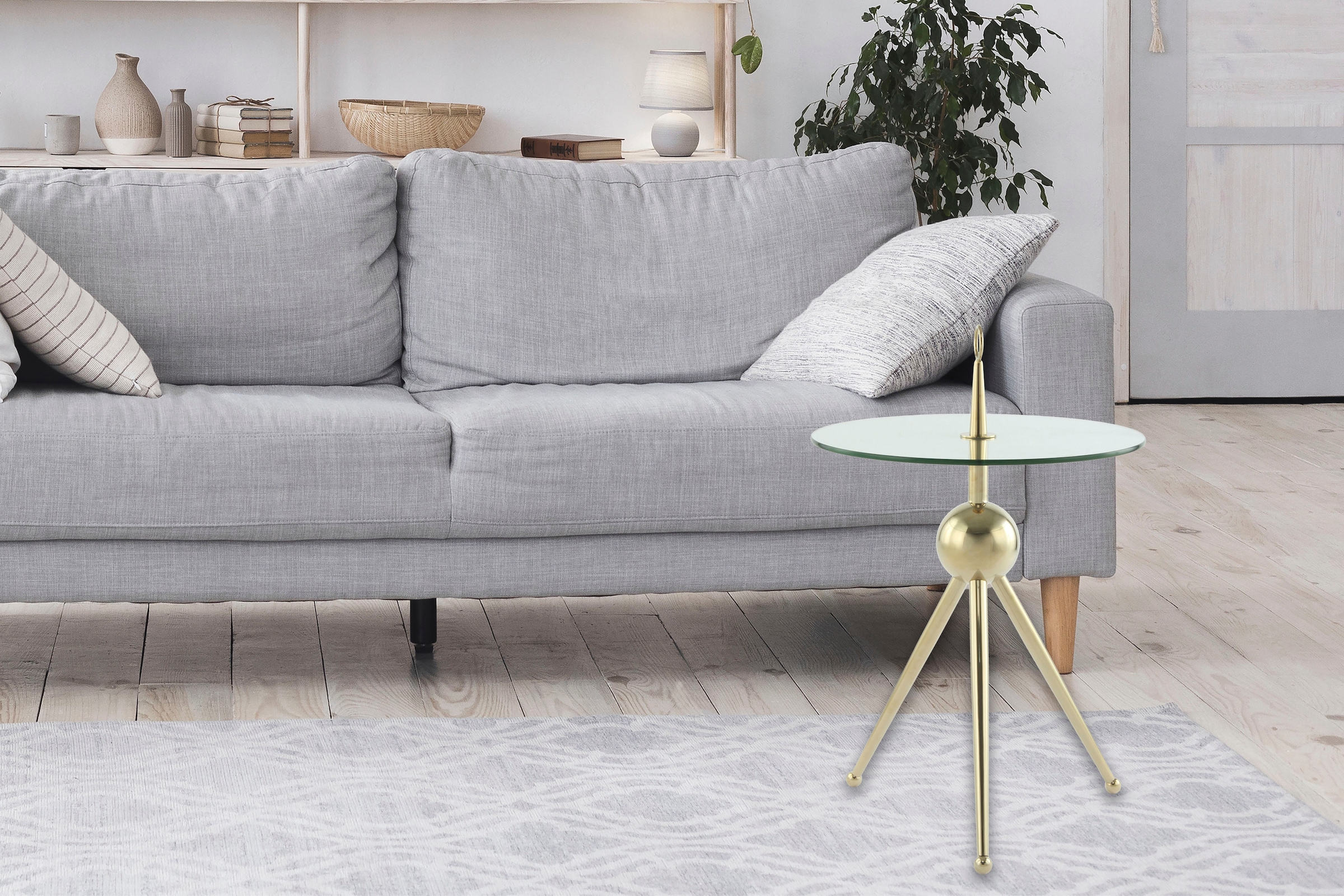 Kayoom Beistelltisch »Ontario 325, Runde Glasplatte aus Sicherheitsglas, 100% Edelstahl«, (1 St.), Minimalistisch, Gestell in Tripod-Design, mit Tragering