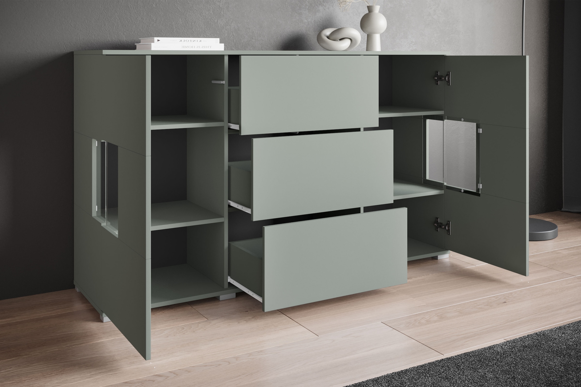 INOSIGN Sideboard »Kenia«, (1 St.), Sideboard mit 3 Schubladen, 6 Fächern, Glastüren, Breite 150 cm