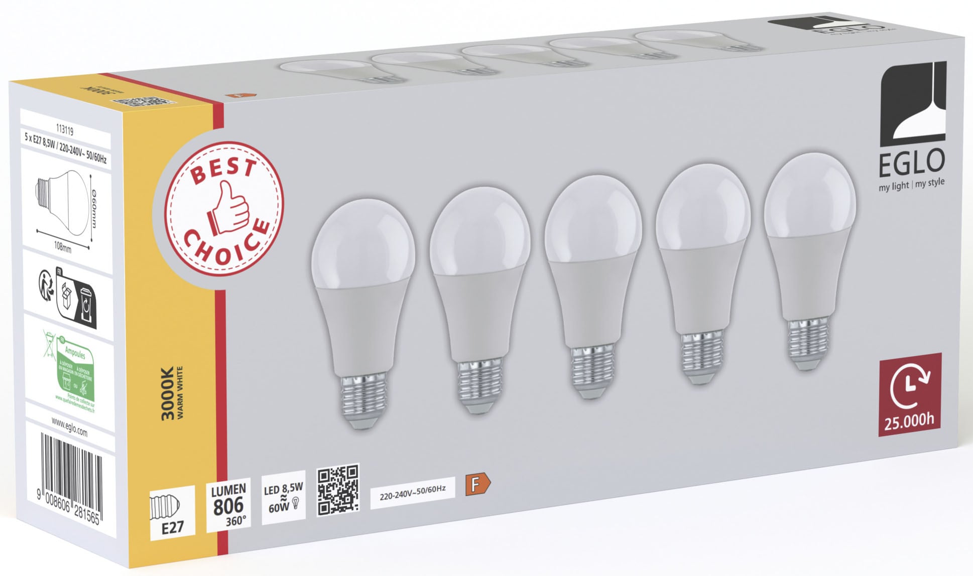 EGLO LED-Leuchtmittel »LM_LED_E27 Leuchtmittel -  E27 - 5X8,5W - IP20« E27 1 Stk. Warmweiß Glühbirne, 5er Set, L10,8 x Ø6 cm