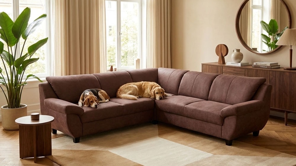 OTTO home Ecksofa "Sillkeborg 251 x 251 cm, formschönes Sofa mit dunklen Füßen" mit Schlaffunktion, L-Form, aus Pet Friendly Bezug