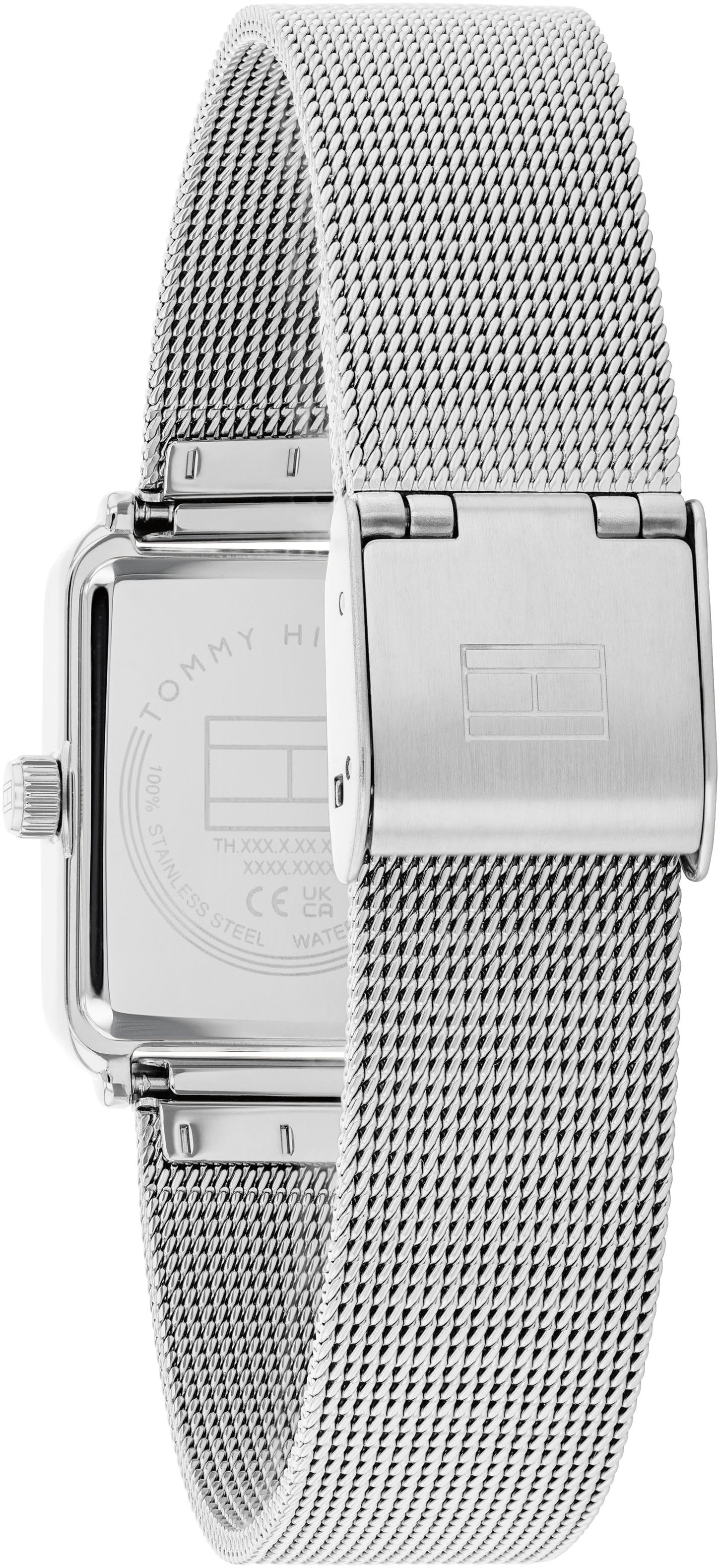 Tommy Hilfiger Quarzuhr »Tea Tank«, Armbanduhr, Damenuhr, Edelstahlarmband, analog, Glassteine