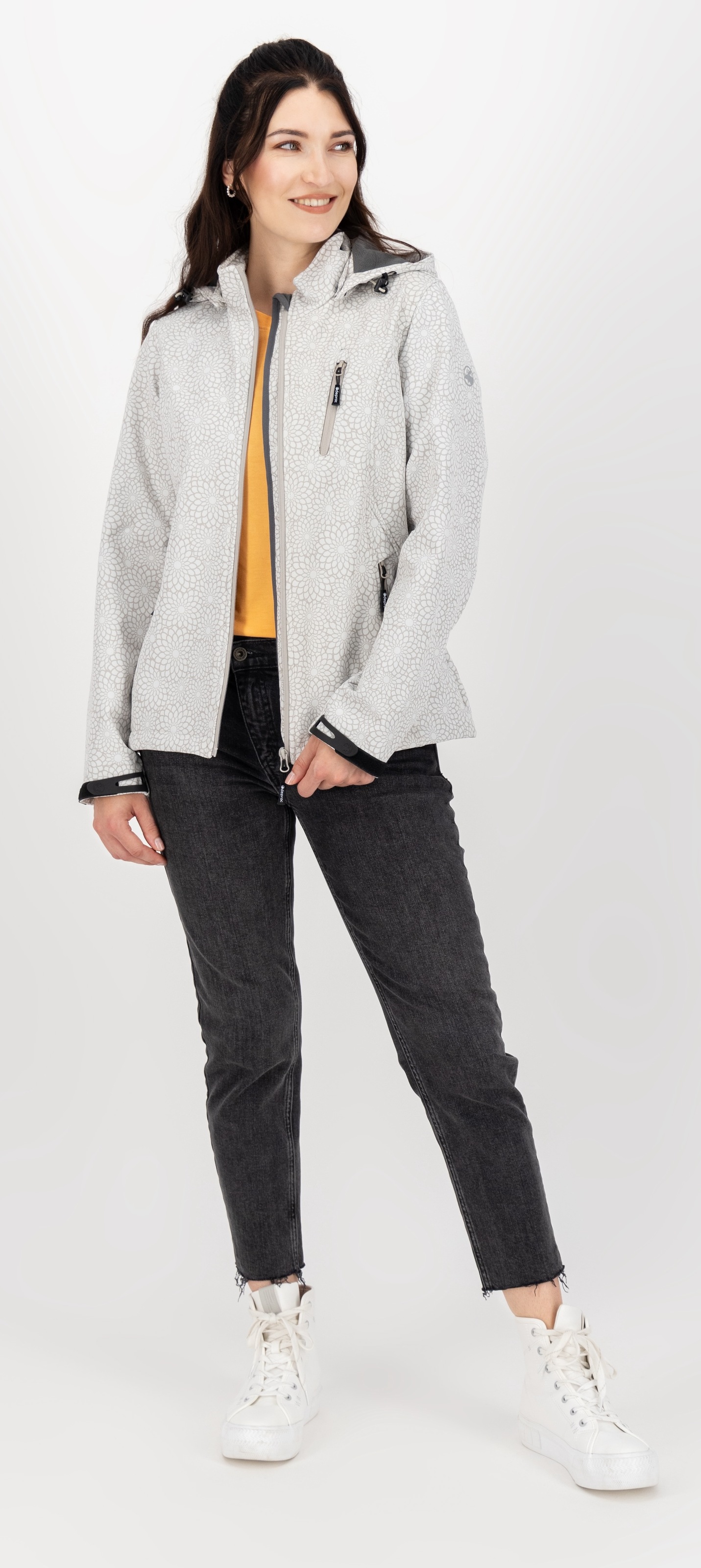 Softshelljacke DEPROC ACTIVE "SHELBY PEAK DC", Damen, Gr. 46 (L), weiß (sanftes weiß), 100% Polyester, tailliert, gerader Abschluss mit Klettverschlüssen, Jacken Softshelljacke, leichte Softshelljacke mit All-Over-Print und abnehmbarer Kapuze 3