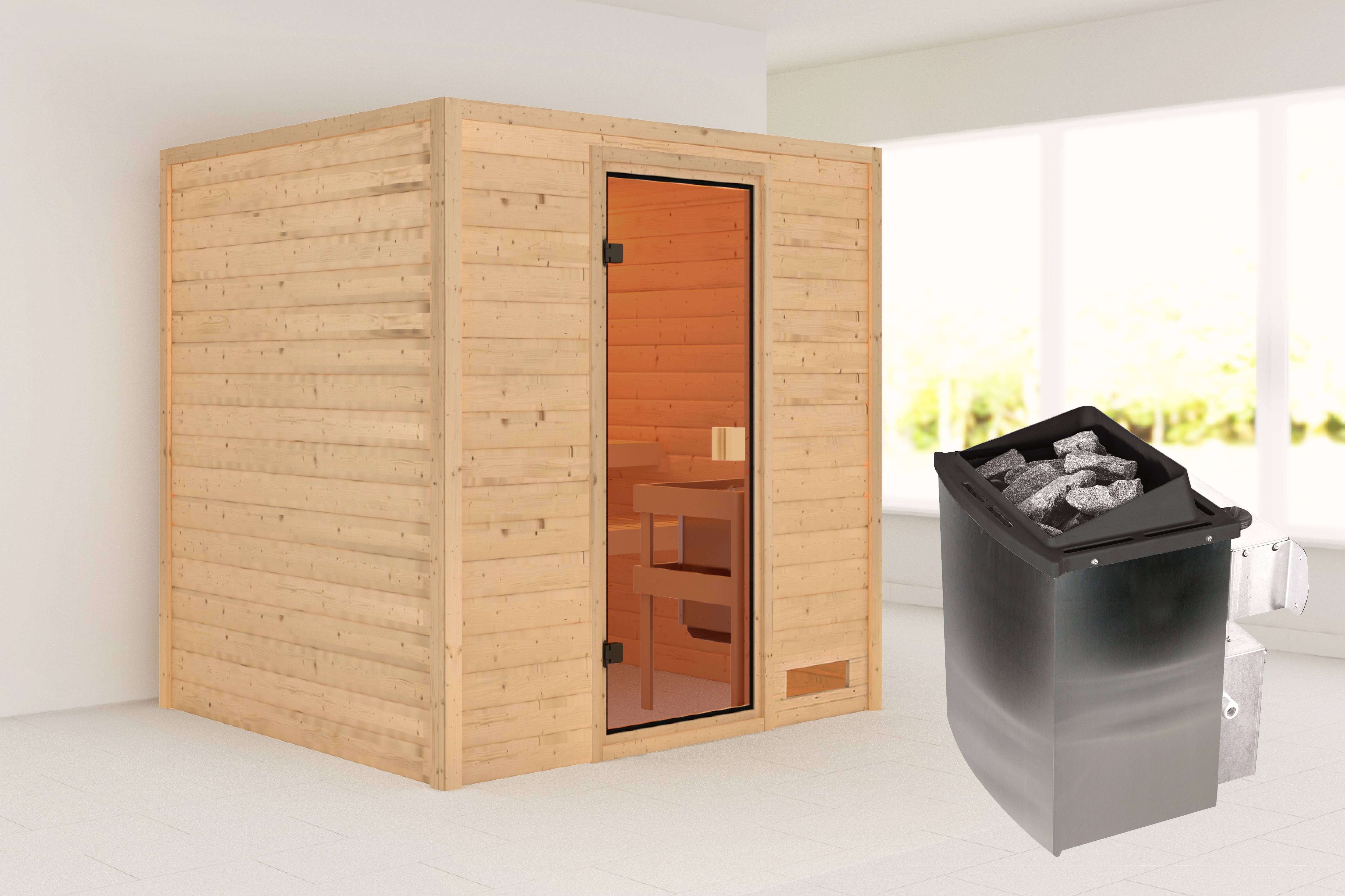 Karibu Sauna ""Ricky" mit bronzierter Tür, naturbelassen" aus hochwertiger nordischer Fichte