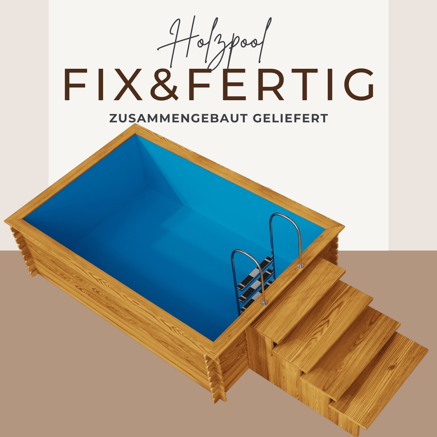 EDEN Holzmanufaktur Rechteckpool »Fix&Fertig«, (Set, 4 tlg.), inkl. blauem Einsatz, Dämmung, Einstiegstreppe & -Leiter, Wasserablauf