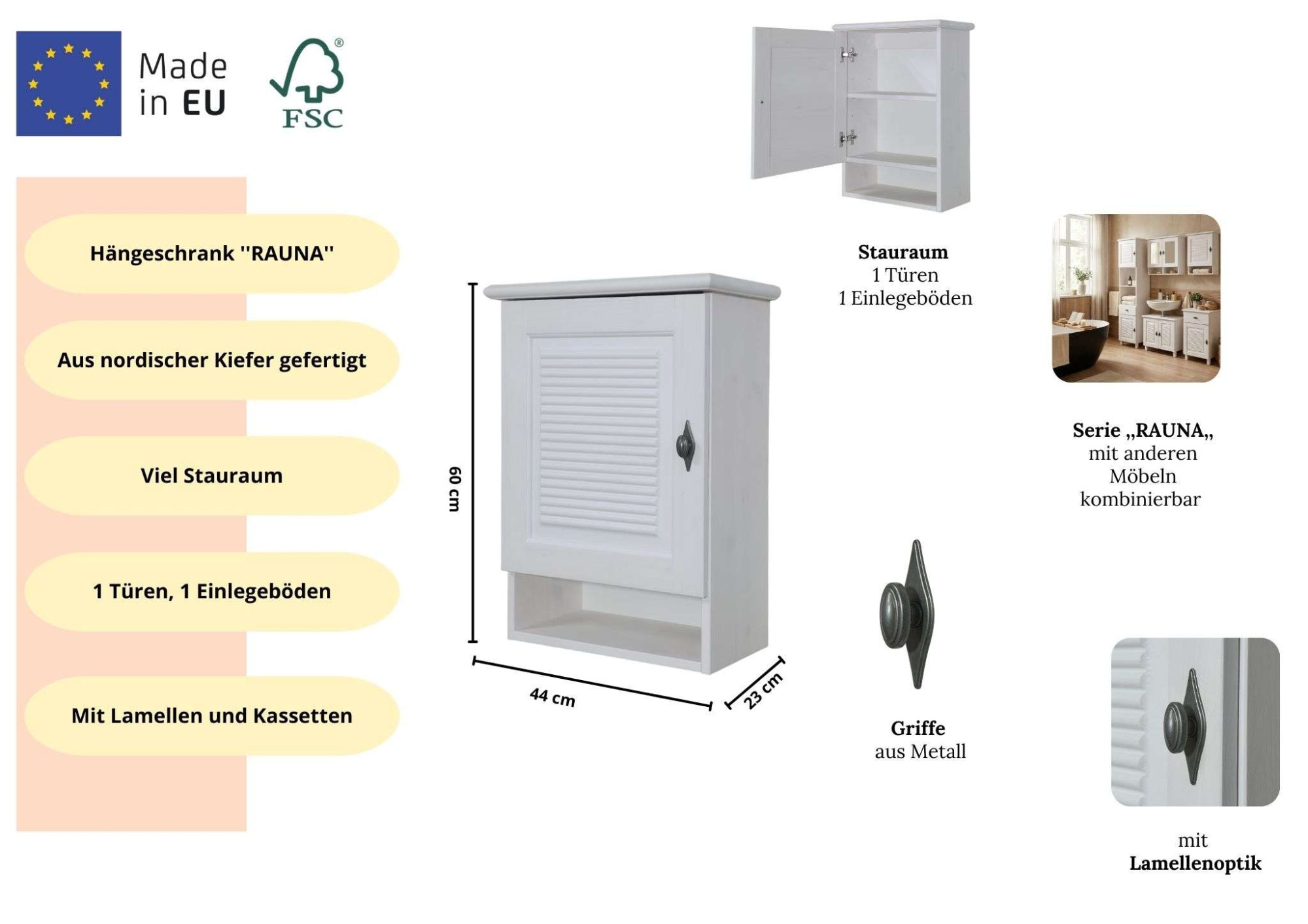 OTTO home Hängeschrank »Rauna« aus massiver Kiefer, Breite 44 cm, Rillenoptik, made in EU