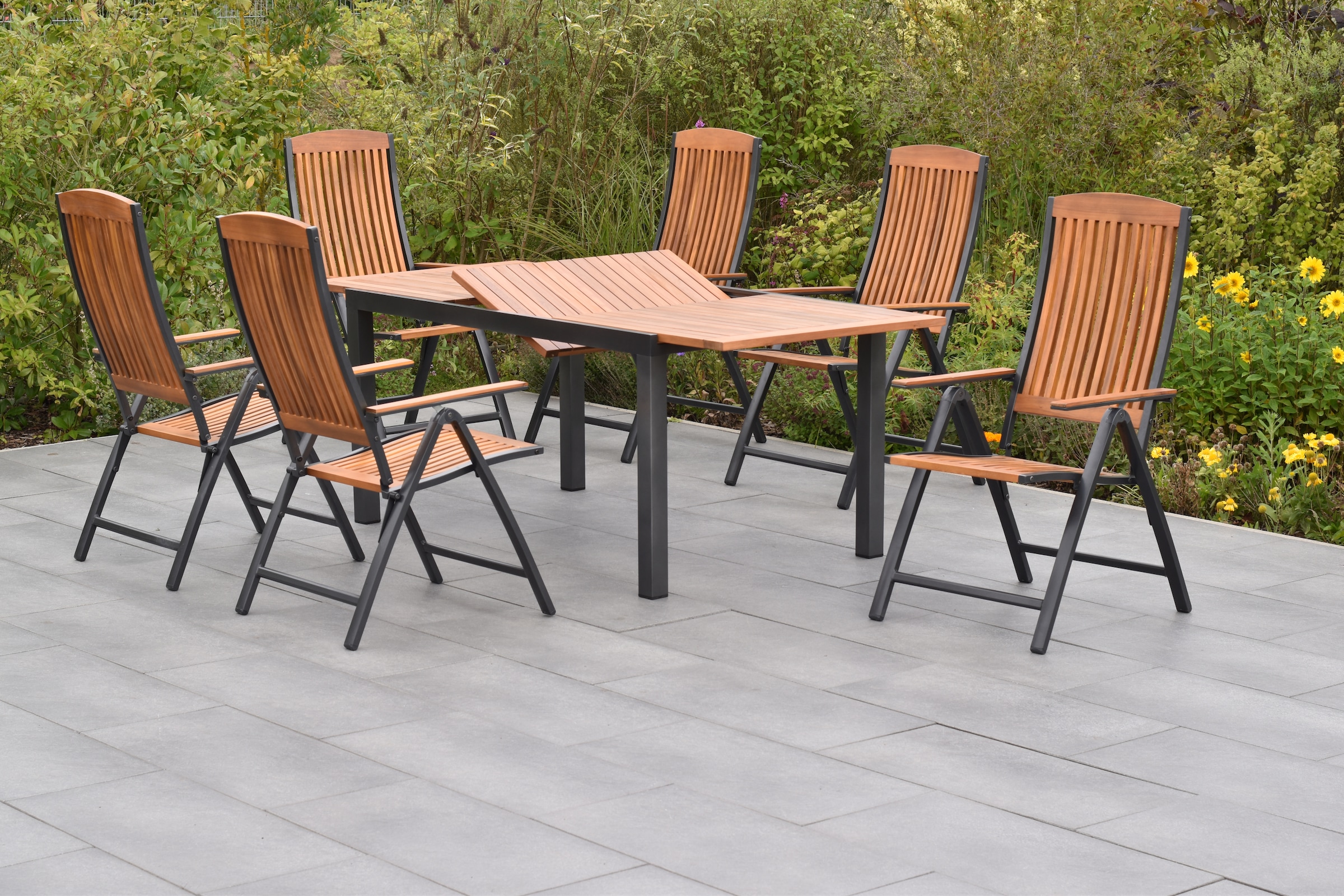 MERXX Garten-Essgruppe »»Athos««, (Set, 7 tlg., 5-fach verstellbare Rückenlehne, Aluminium mit Akazienholz), Ausziehtisch: LxB: 150-200 x 90 cm