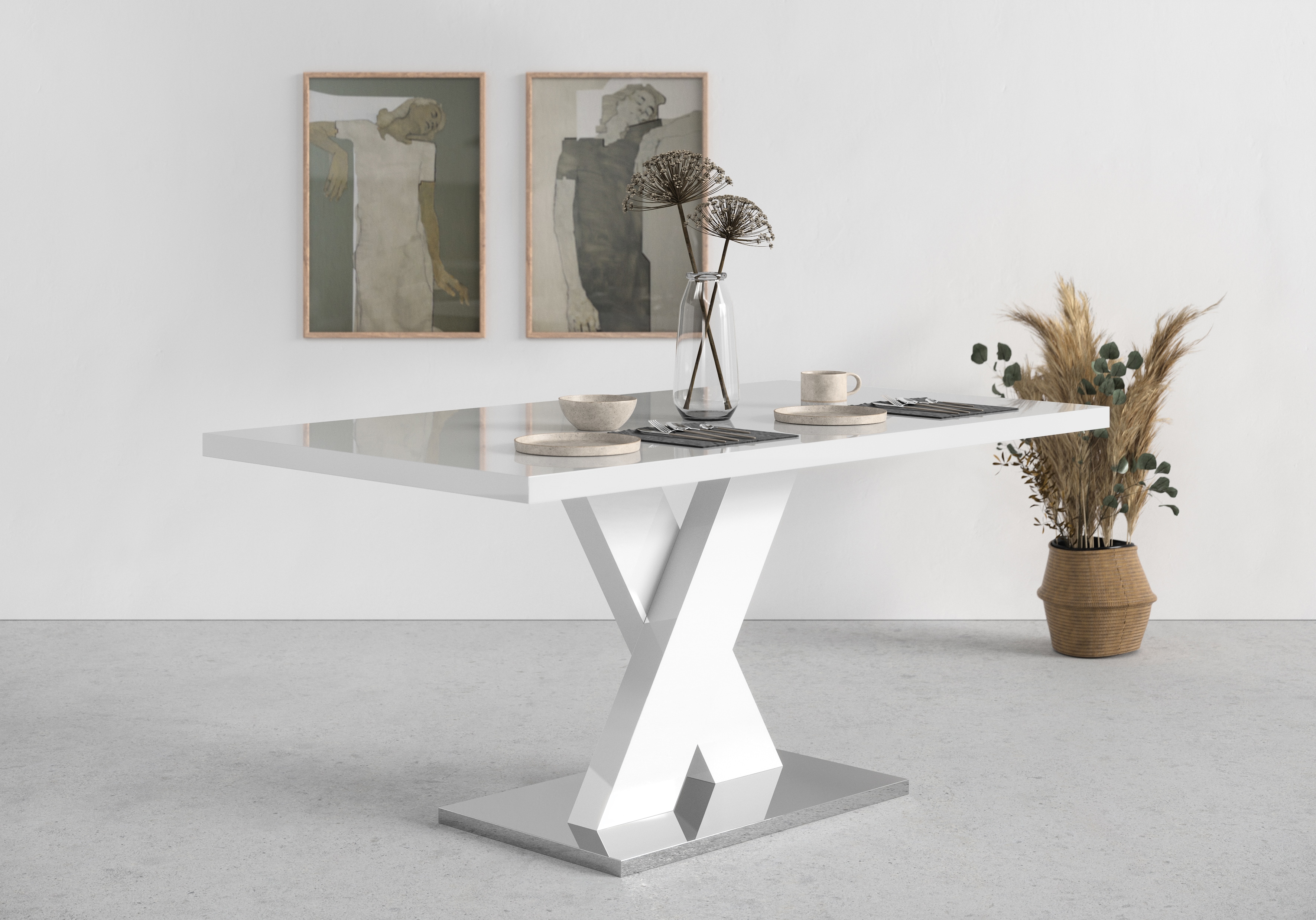 OTTO home Esstisch "Ali, Modernes Design" Tisch, Küchentisch, OTTOs Choice, Breite 160 cm, weiß Hochglanz, Bodenplatte aus Metall