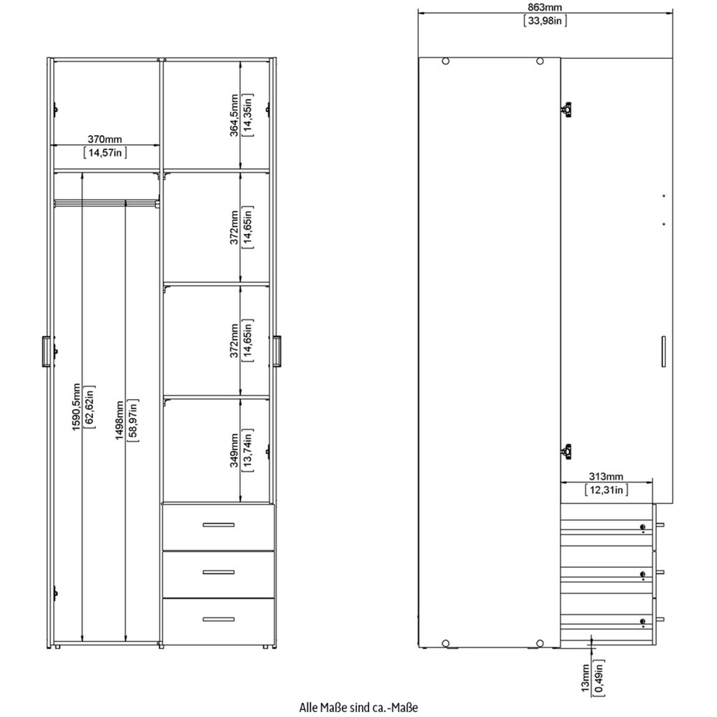 Home affaire Kleiderschrank, Mit viel Stauraum, graue Stangengriffe, Gr. ca. 200,4 x 77,6 x 49,5 cm