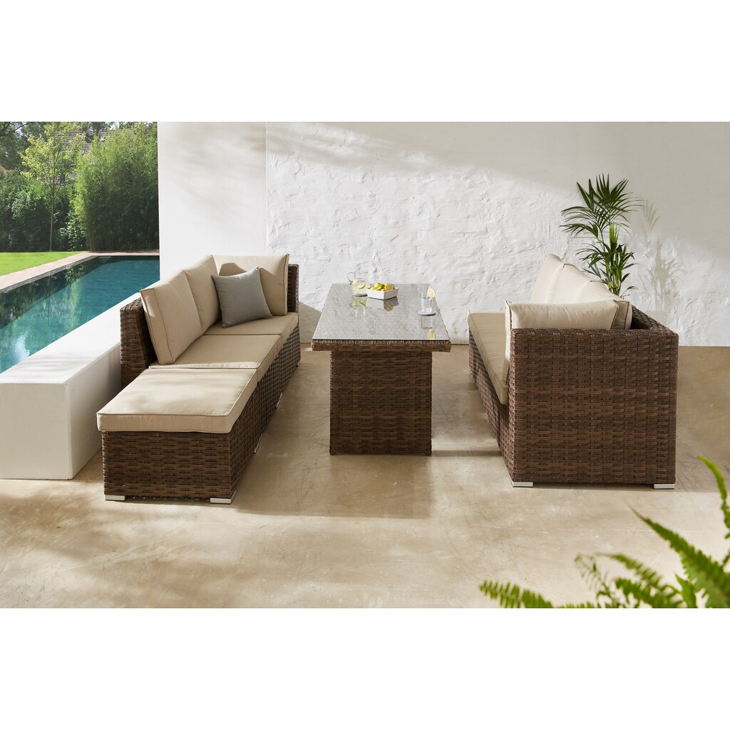 KONIFERA Gartenlounge-Set »Los Angeles«, (Set, 4 tlg., 2er Sofa,2x Sessel,1x Hocker, 1x Tisch 140x70x68, Alu, Polyrattan)