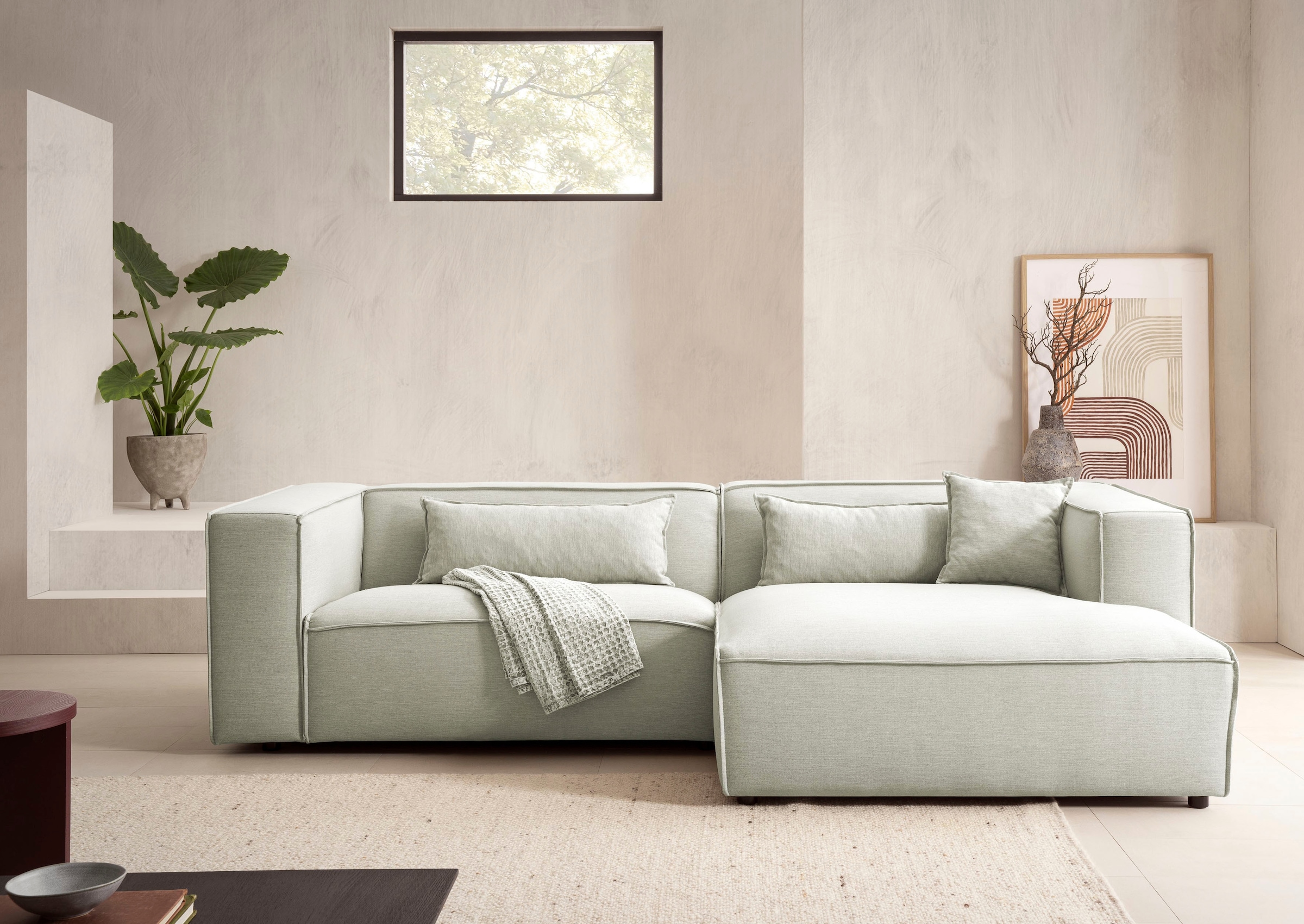 LeGer Home by Lena Gercke Ecksofa »PIARA mit Kedernaht in Cord oder Leinenoptik, moderne Couch in L-Form«, wahlweise Ottomane rechts/links, schwarze Füße, bequemer Sitzkomfort