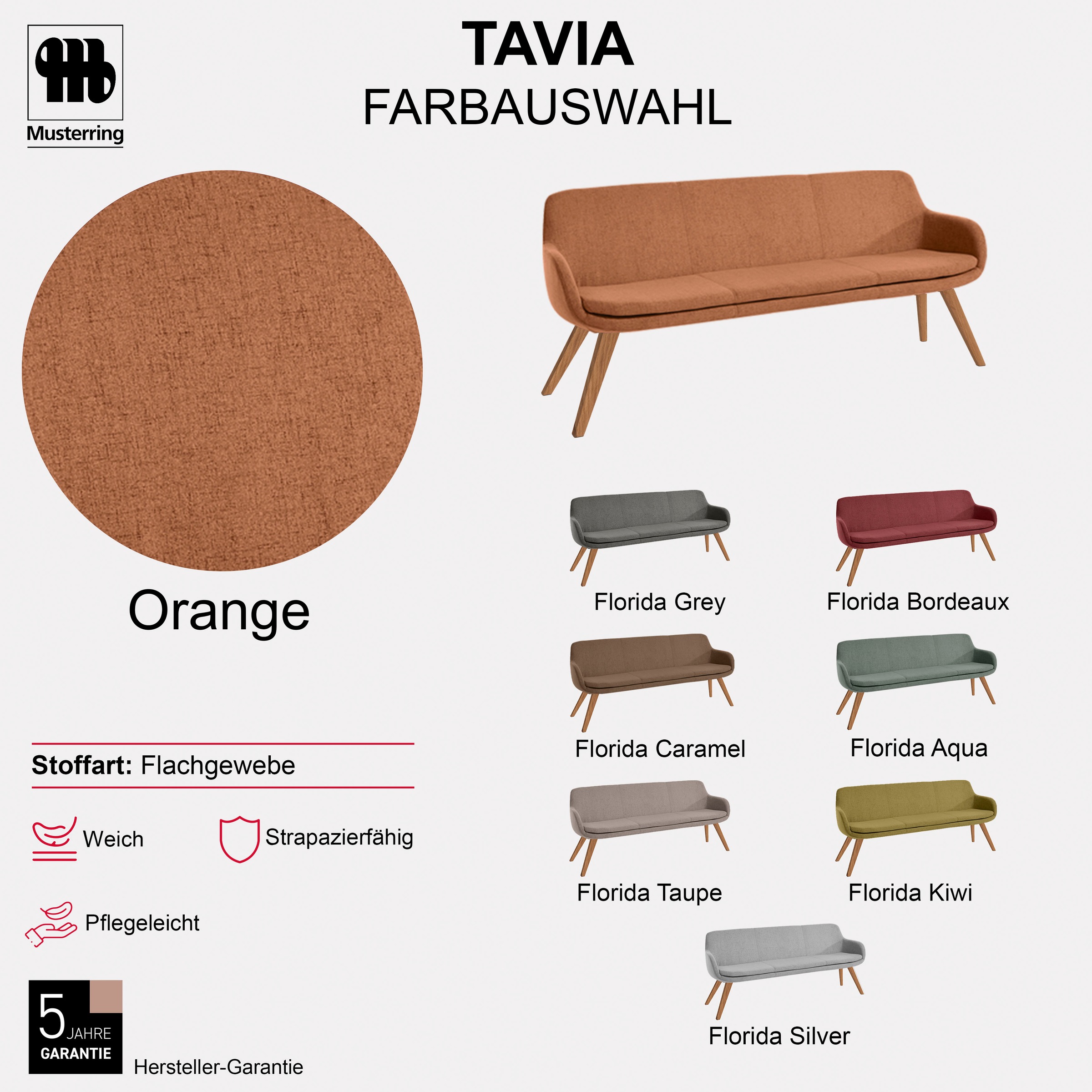 Essbank MUSTERRING "Tavia", orange (orange, wildeiche), B:200cm H:87cm T:66cm, 100% PES, Sitzbänke, Essbank, Stativgestell Wildeiche massiv geölt, Breite 180, 200 oder 220 cm 3