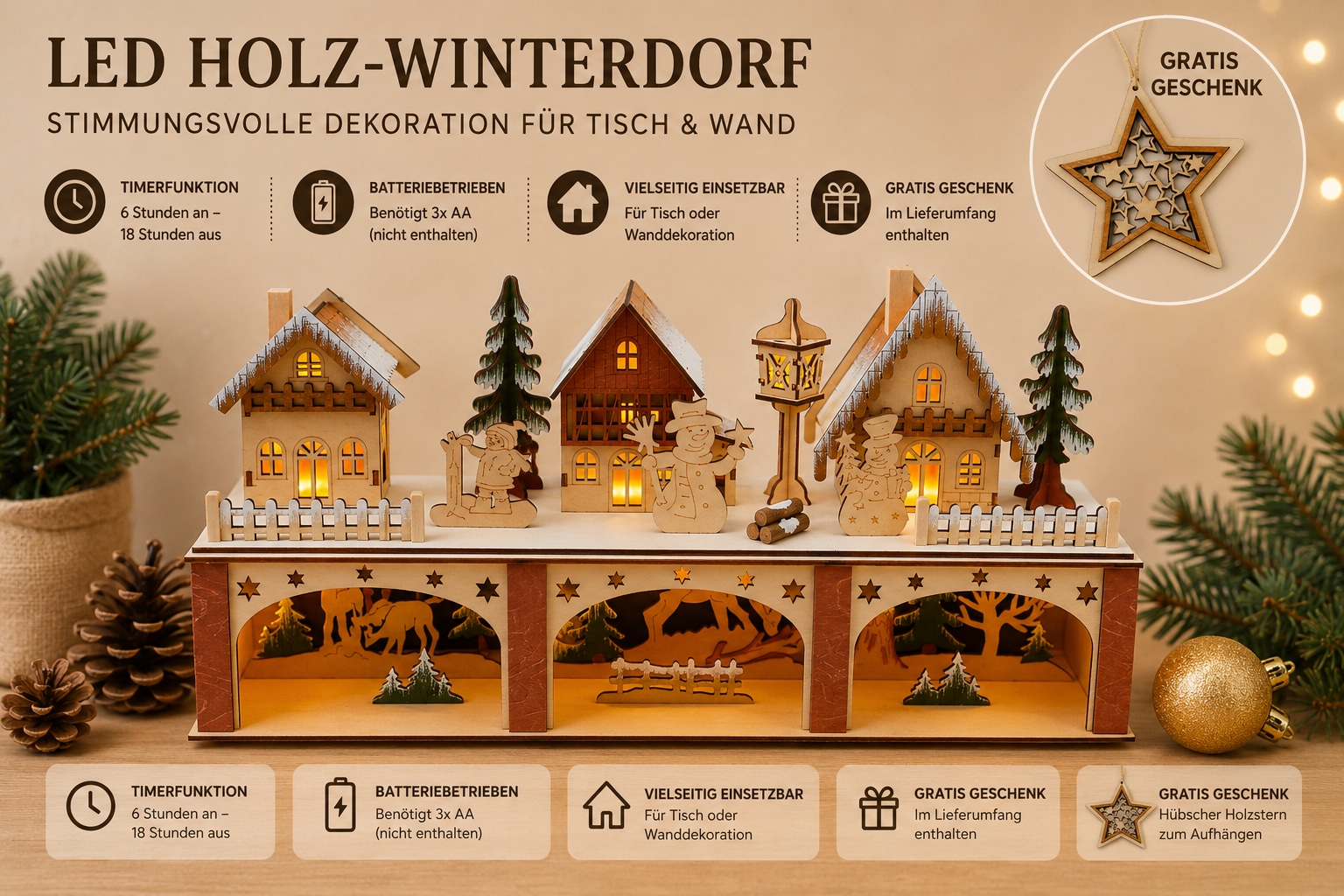 OTTO home LED Dekoobjekt »Weihnachtsdekoration aus Holz« 1 Stk. Warmweiß mehrdimensionale Szenerie, Gratis-Hänger, 6h-Timer, Höhe 22 cm