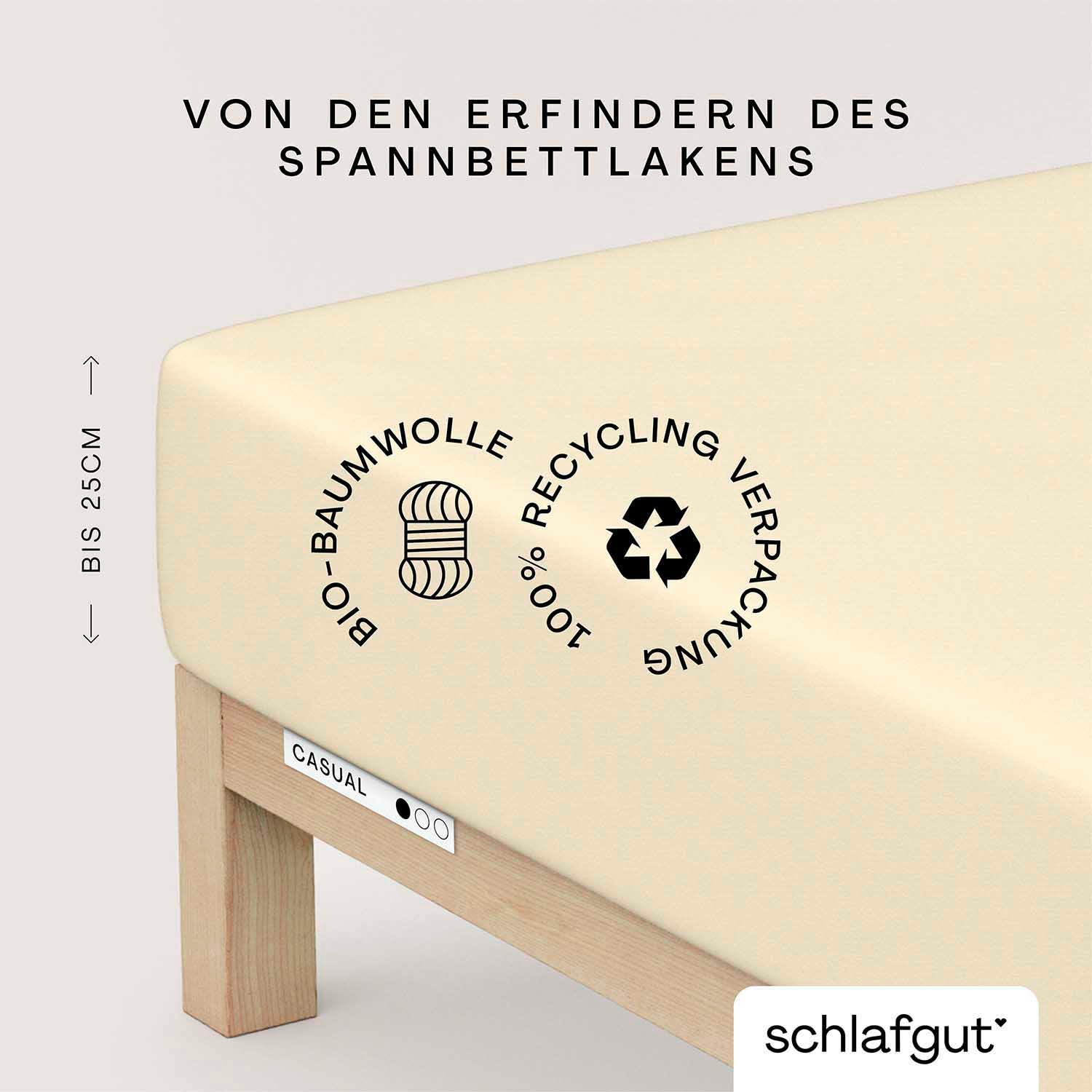 Schlafgut Spannbettlaken "CASUAL Bettlaken 100% gekämmte Bio-Baumwolle, 150 g/m², Spannbetttuch" Bettlaken bis 25 cm Höhe, langlebig, weich, Antipilling-Ausrüstung
