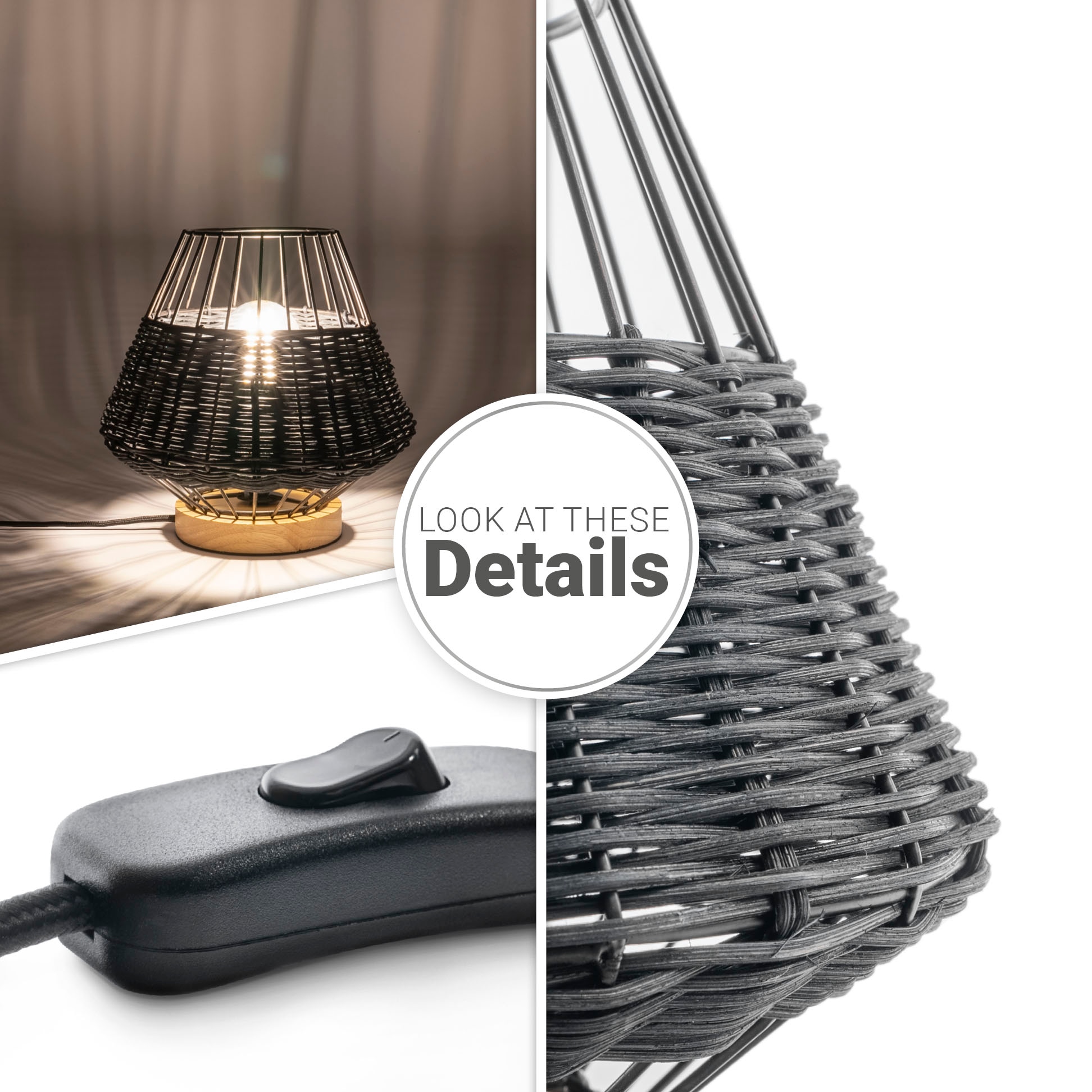 günstig Tischleuchte LED Boho Rattan kaufen | Paco E27 Lampe Käfig BAUR Style »PUNTO«, Nacht Rustikal Holz Home