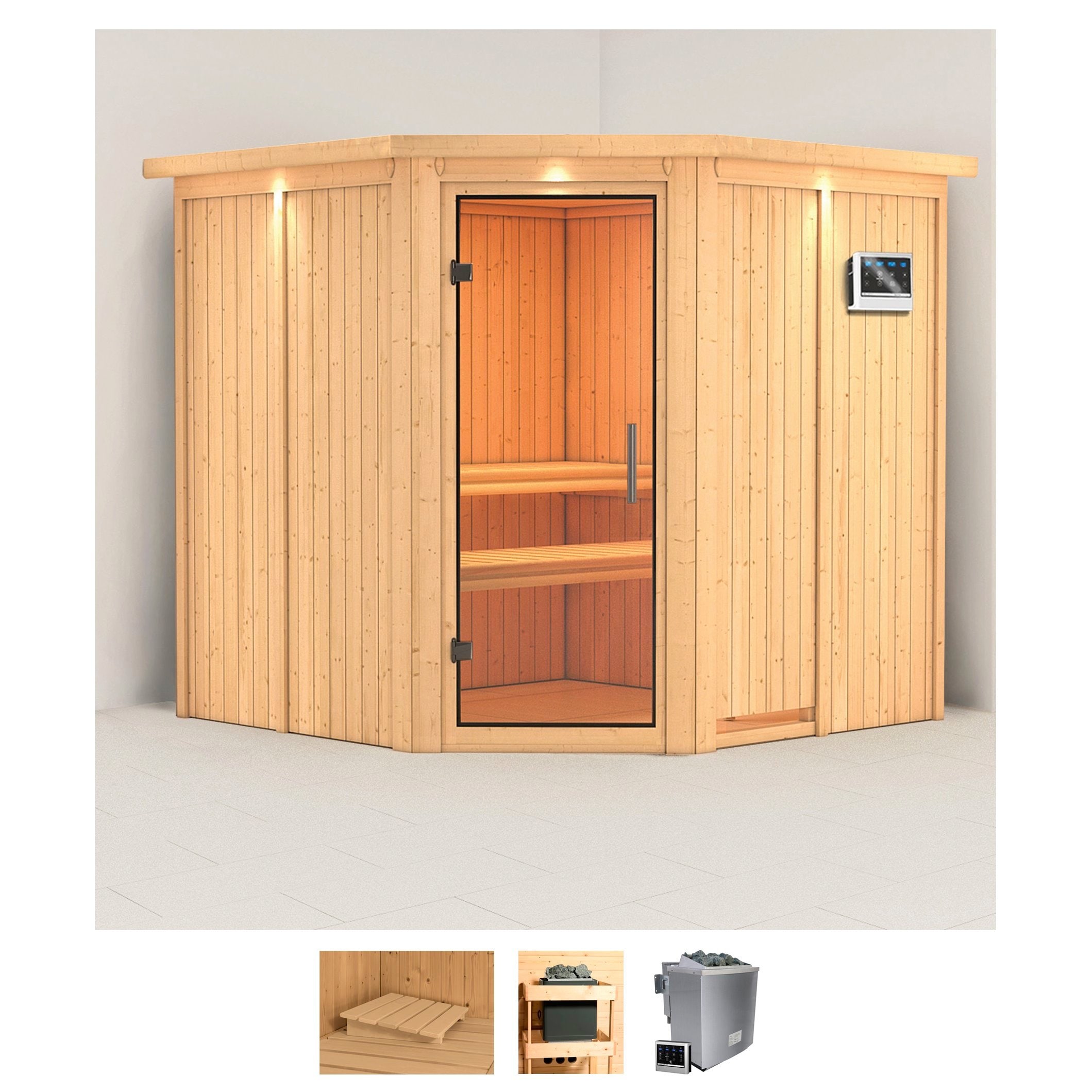 KARIBU Sauna "Jarin", Bio-Kombiofen, externe Steuerung, 9 kW, beige, Saunen, Ofen 9 kW Bio externe Strg easy
