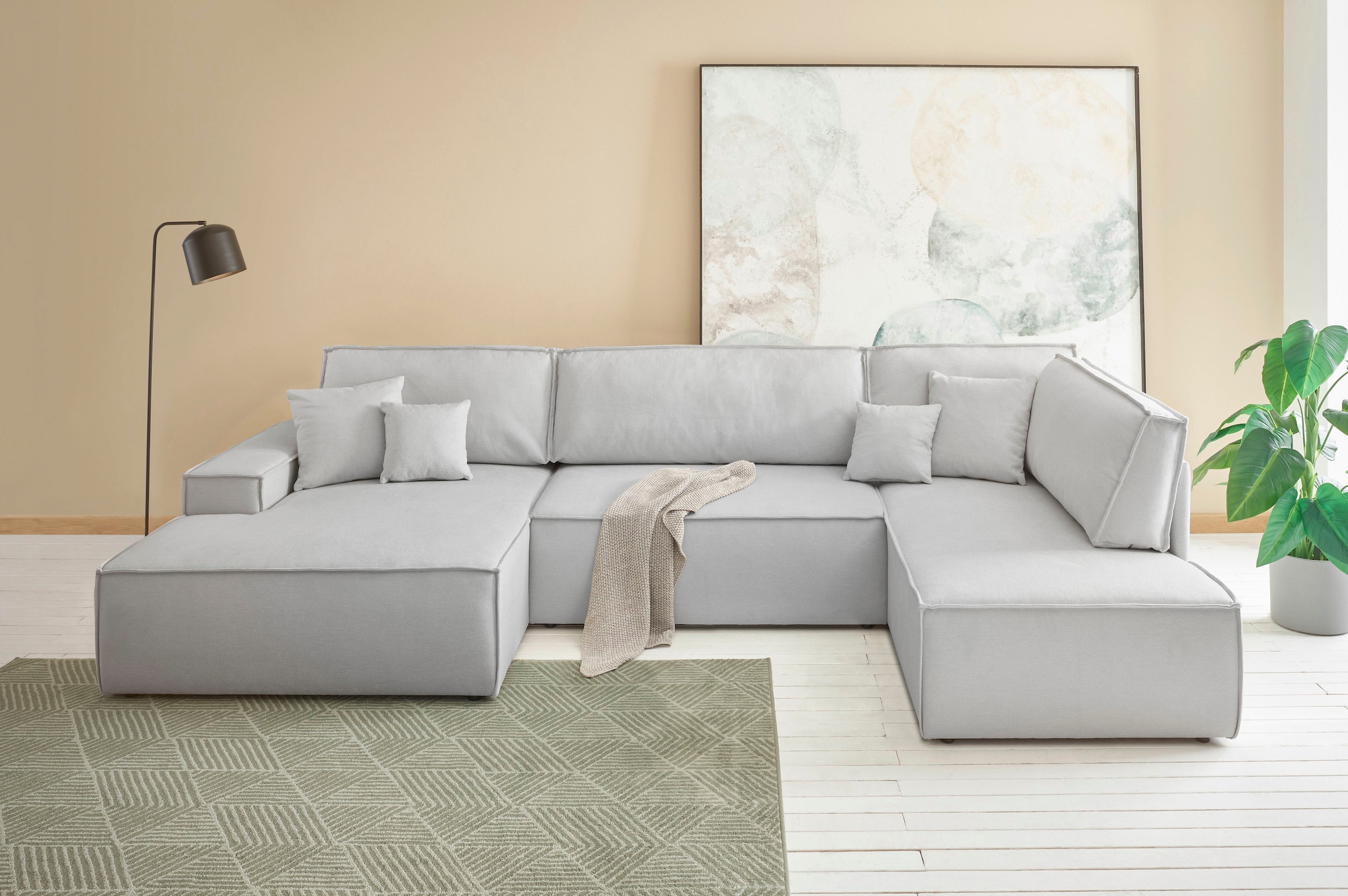 OTTO home Wohnlandschaft "FINNLEY Strurktur fein U-Form XXL 329 cm" Schlafsofa, Bettkasten, in Bouclé, Struktur fein und Mega Cord