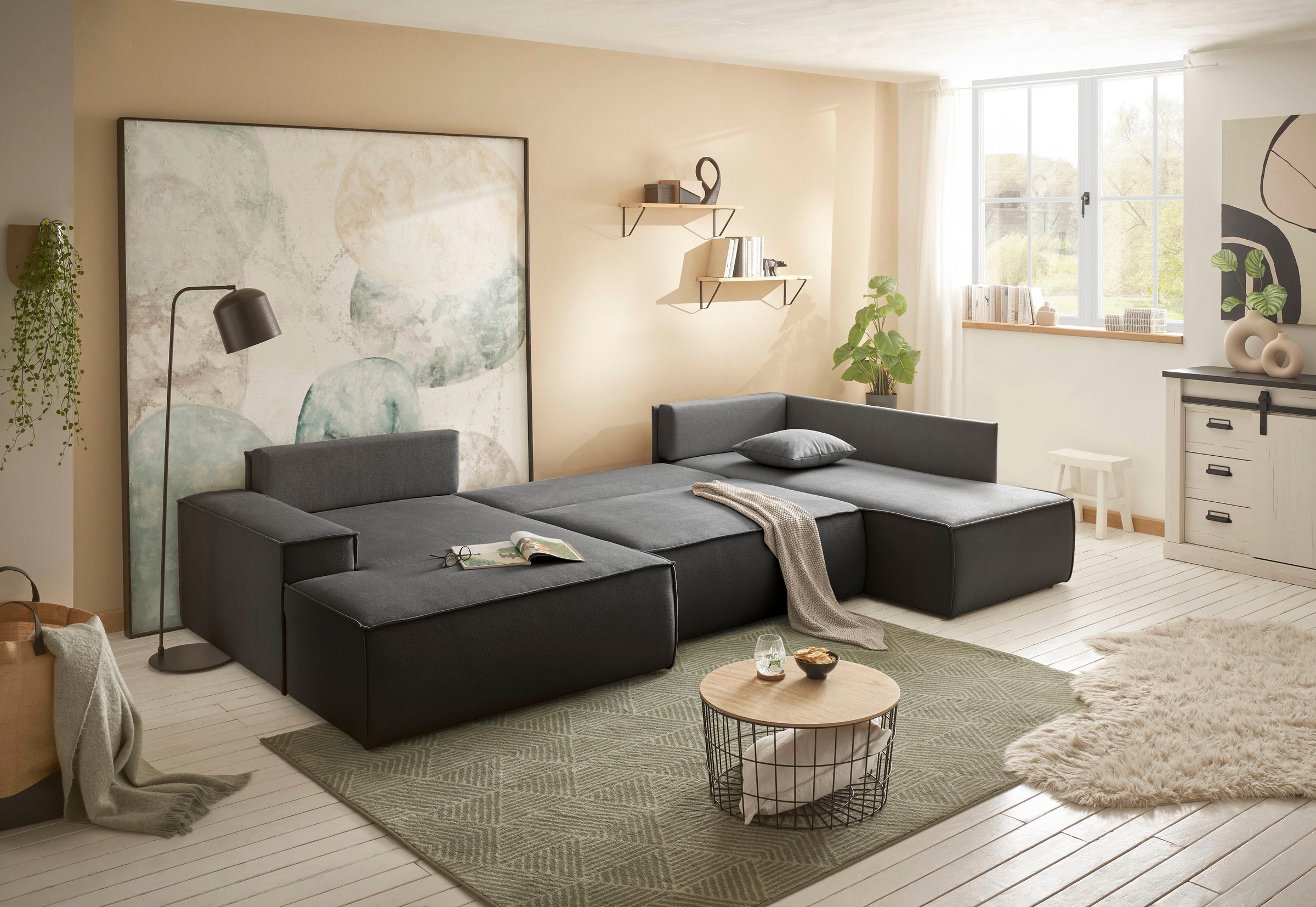 andas Wohnlandschaft »FINNLEY U-Form XXL 329 cm, Schlafsofa, Schlaffunktion m. Bettkasten«, (194/139 cm), Bouclé, Struktur und Cord