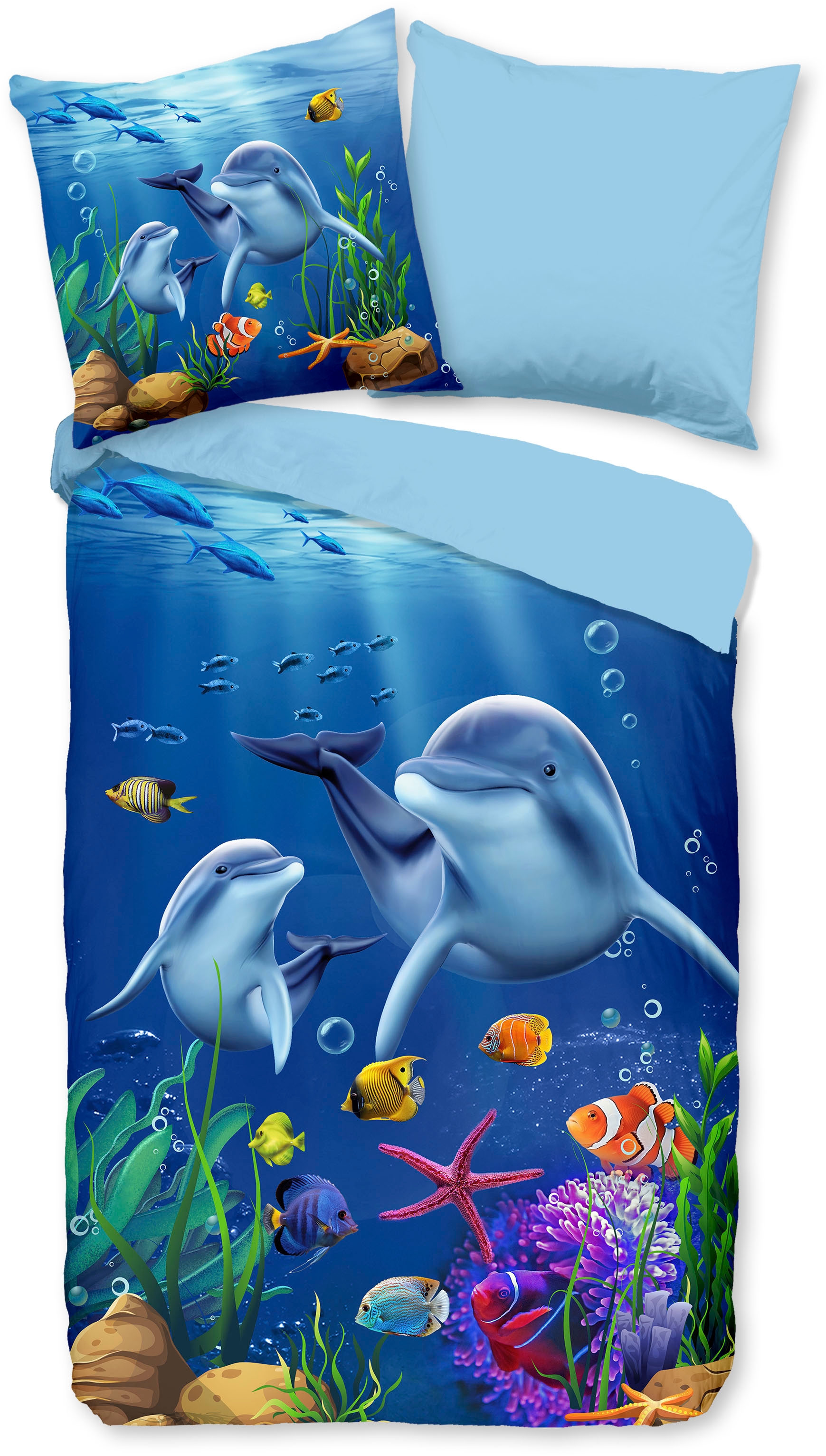 PURE luxury collection Kinderbettwäsche "Mare", Mikrofaser, 135x200, Pflegeleicht, Wendeoptik, Kind, Delfin Meer, Blau