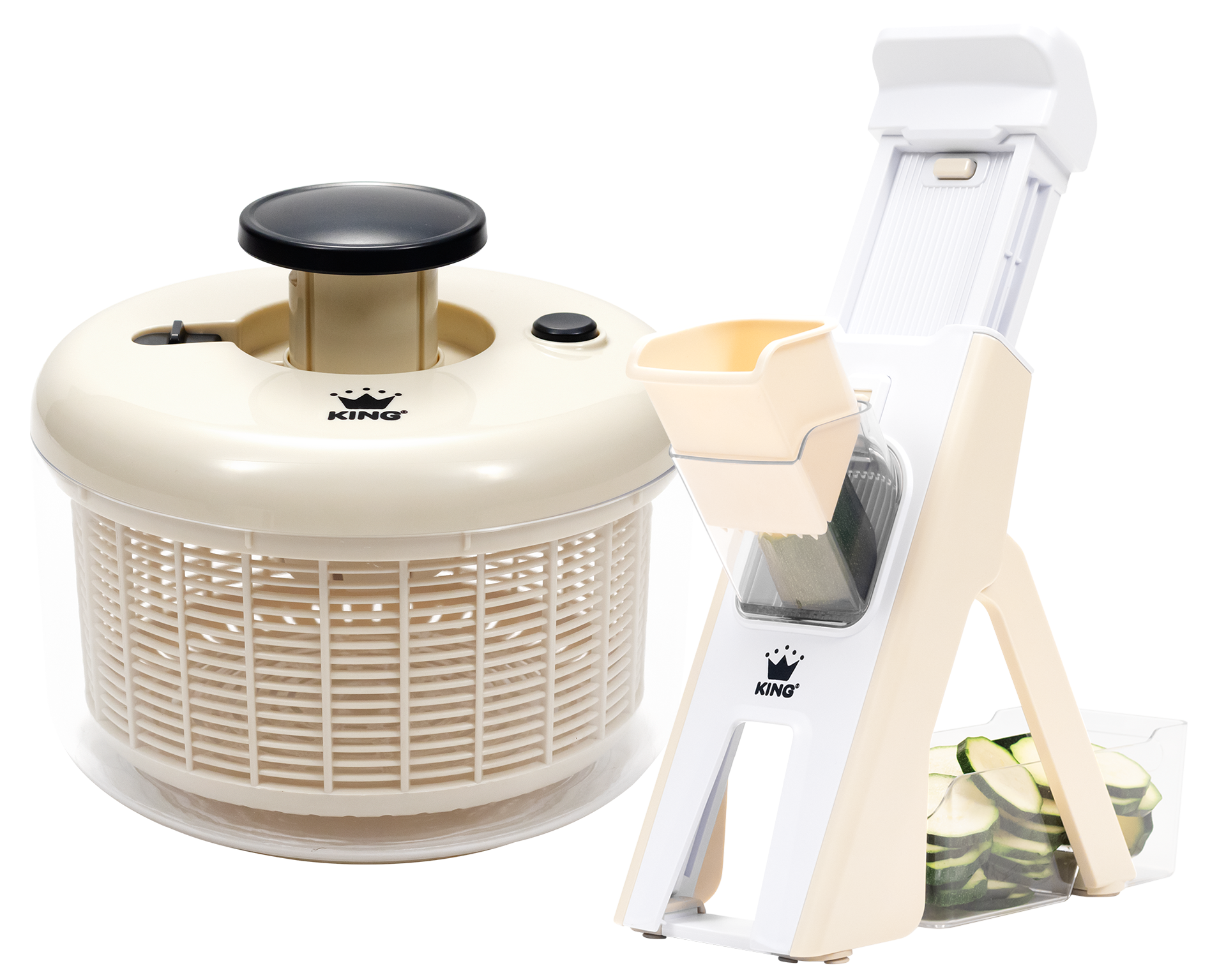 KING Salatschleuder "Küchen-Set" Pumpmechanik, Vertikale-Reibe mit Behälter, mehrere Schnittmodi