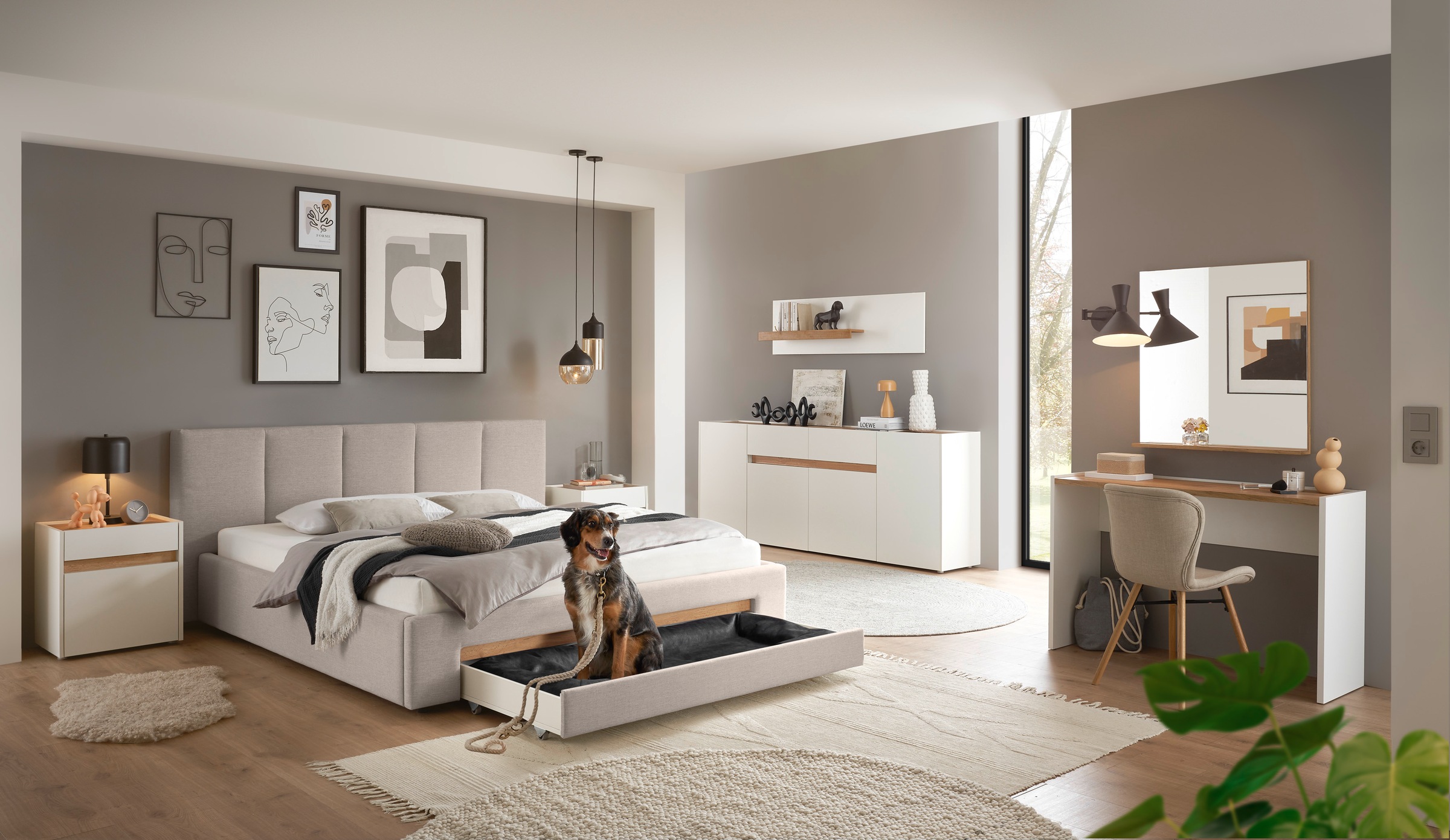 INOSIGN Polsterbett »CiTY/GiRON, Bettgestell mit Bettkasten, gepolstertes Stauraumbett«, mit Hundebett oder Stauraumschublade, Bezug Cord-oder Leinenoptik