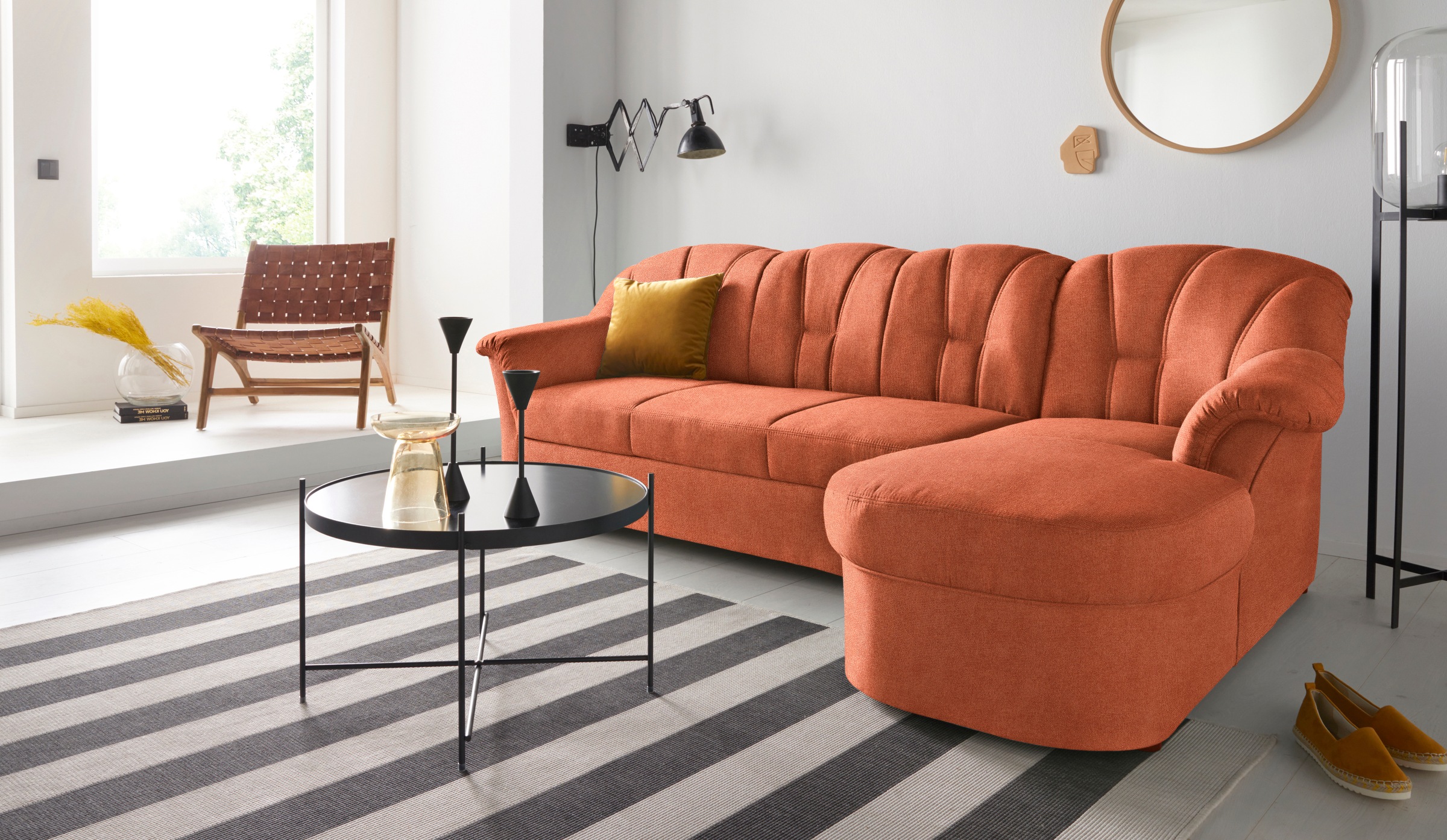 DOMO collection Ecksofa "Papenburg, zeitlose Rückensteppung, elegante Formensprache, L-Form" in großer Farbvielfalt, wahlweise mit Bettfunktion
