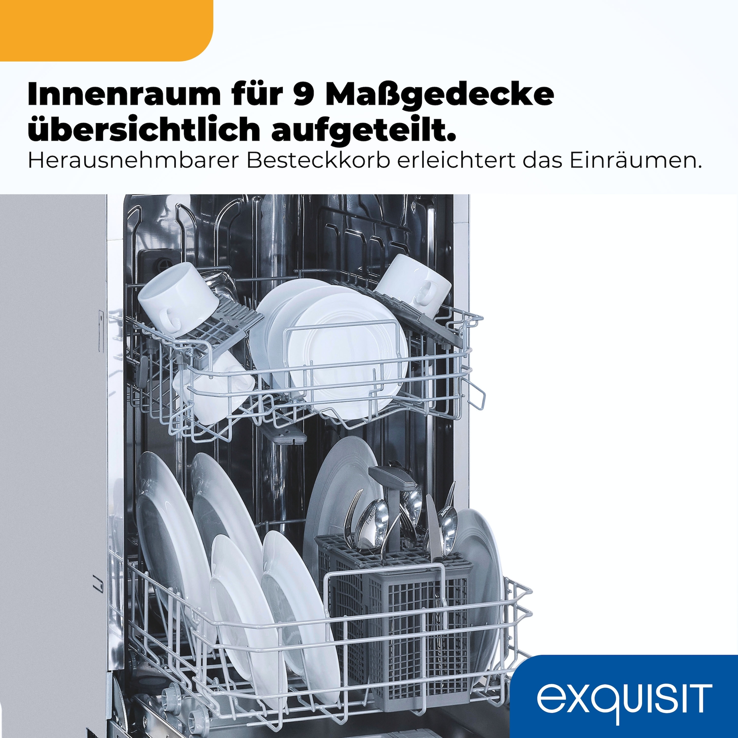 exquisit vollintegrierbarer Geschirrspüler 1009 »EGSP1009-E-450D schwarz« 10 l 9 tlg. Maßgedecke 9 Maßgedecke & flüsterleise 49 dB – stark und angenehm ruhig