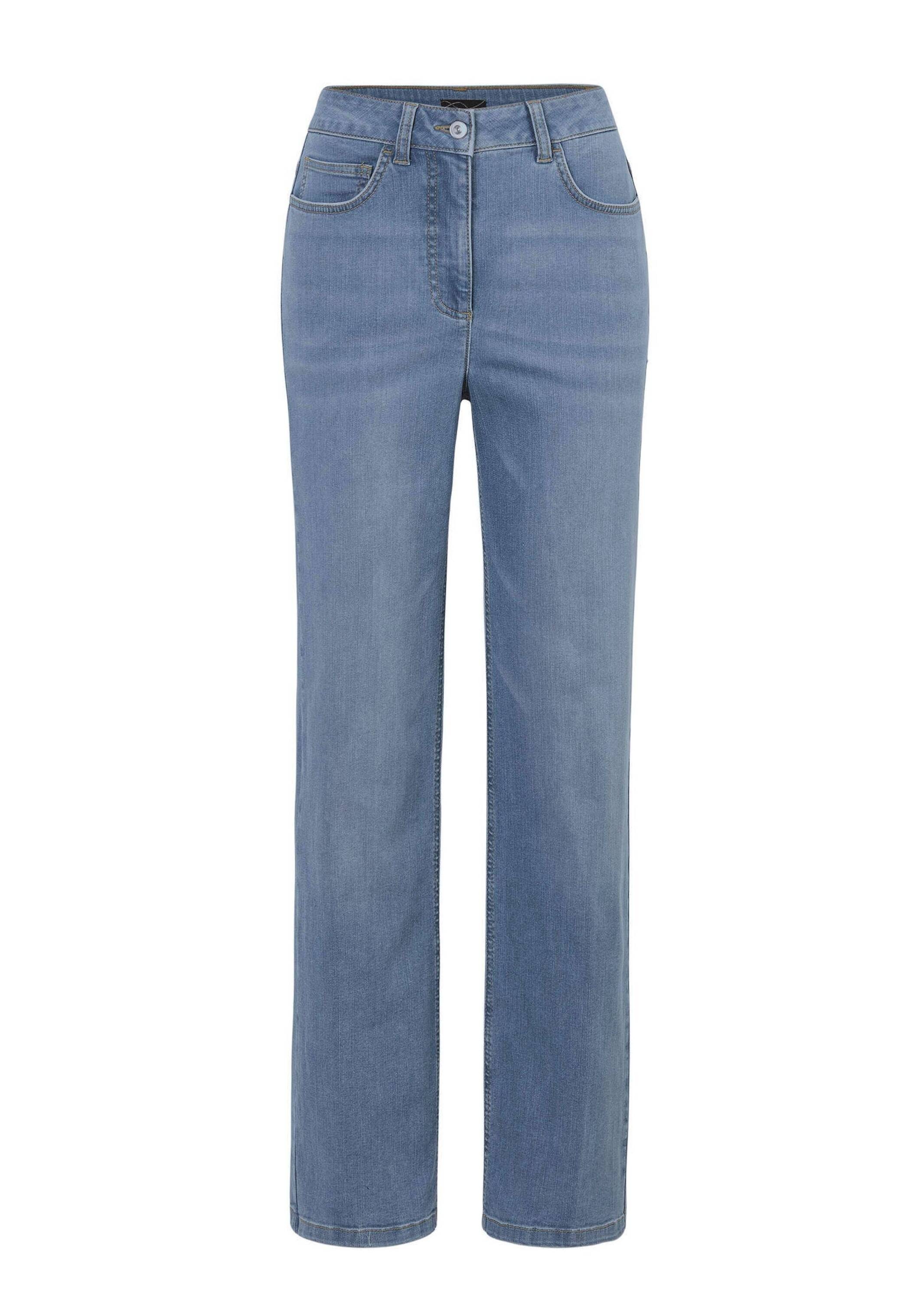 Stretch-Jeans GOLDNER "Kurzgröße Denim Jeans mit weitem Bein", Damen, Gr. 24, K-Gr, blau (hellblau), Obermaterial: 83% Baumwolle CO. 15% Polyester PES. 2% Elasthan EL., Jeans