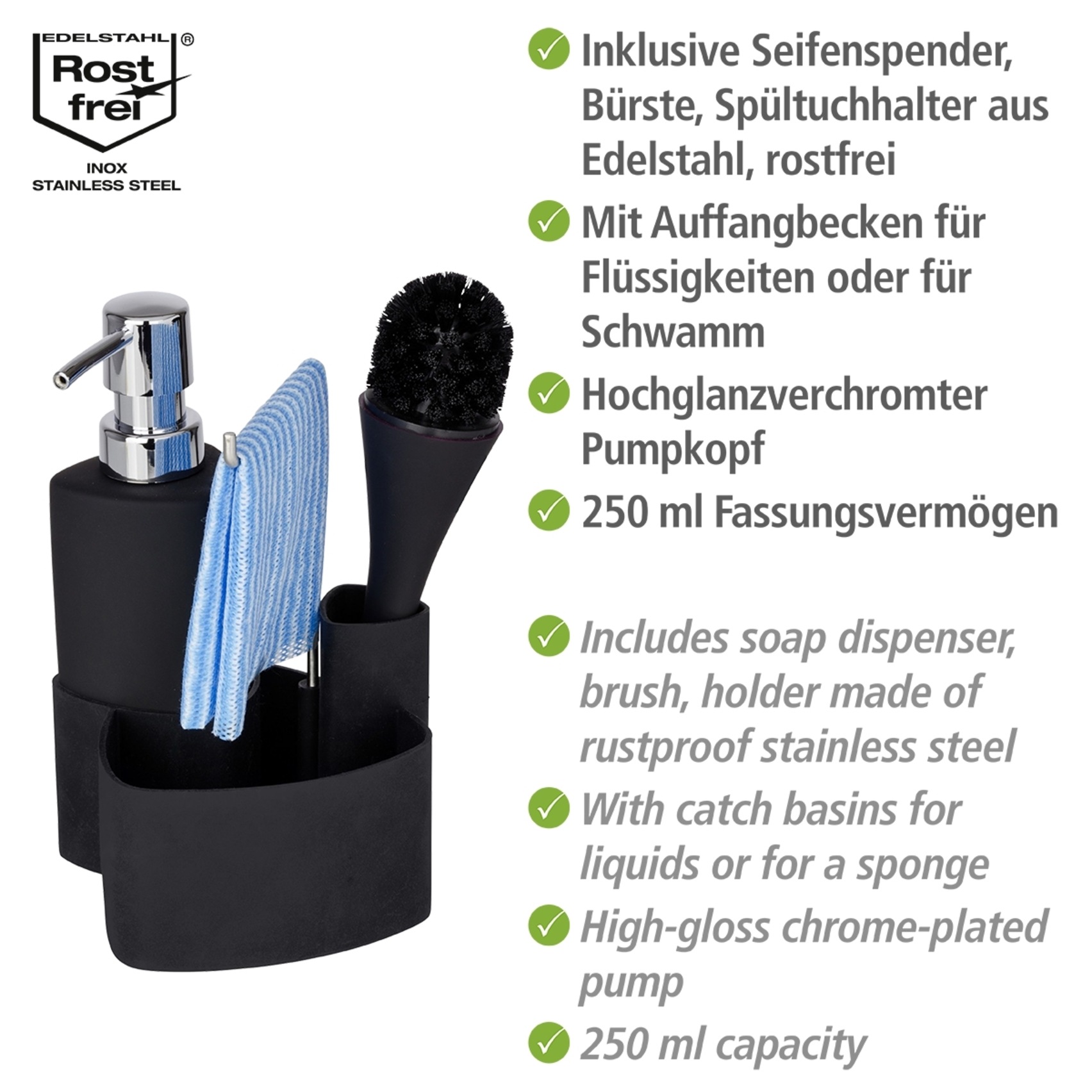 WENKO Spülmittelspender »Modell Empire«, (Set, 3 tlg.), Spül-Set mit Spülmittelspender, Spülbürste und Handtuchhalter, Keramik