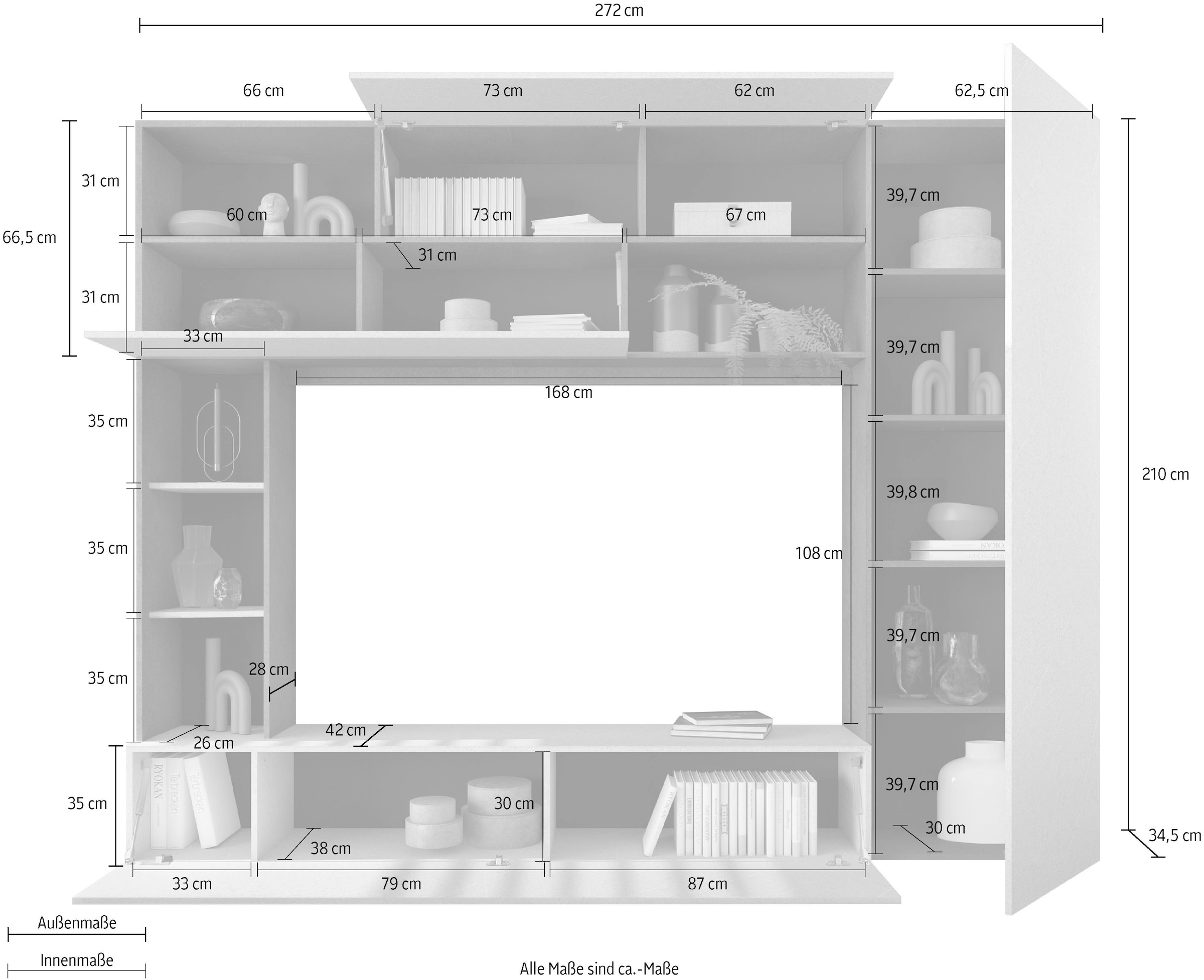 INOSIGN Wohnwand »PRATO, Breite 272 cm, Höhe 210 cm, Kompakt-Wohnwand,«, Mediawand, Schrankwand, moderne u. grifflose Optik, viel Stauraum